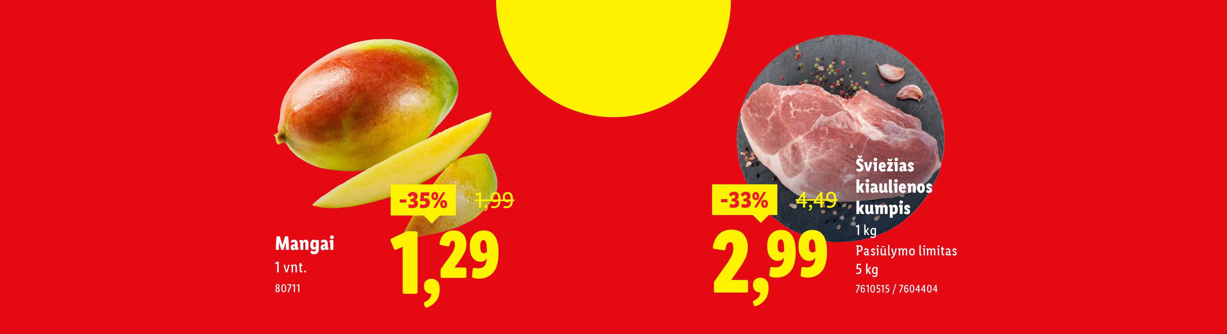 Raudonas fonas su mangais ir šviežia kiaulienos kumpiu, nurodant nuolaidas ir kainas.