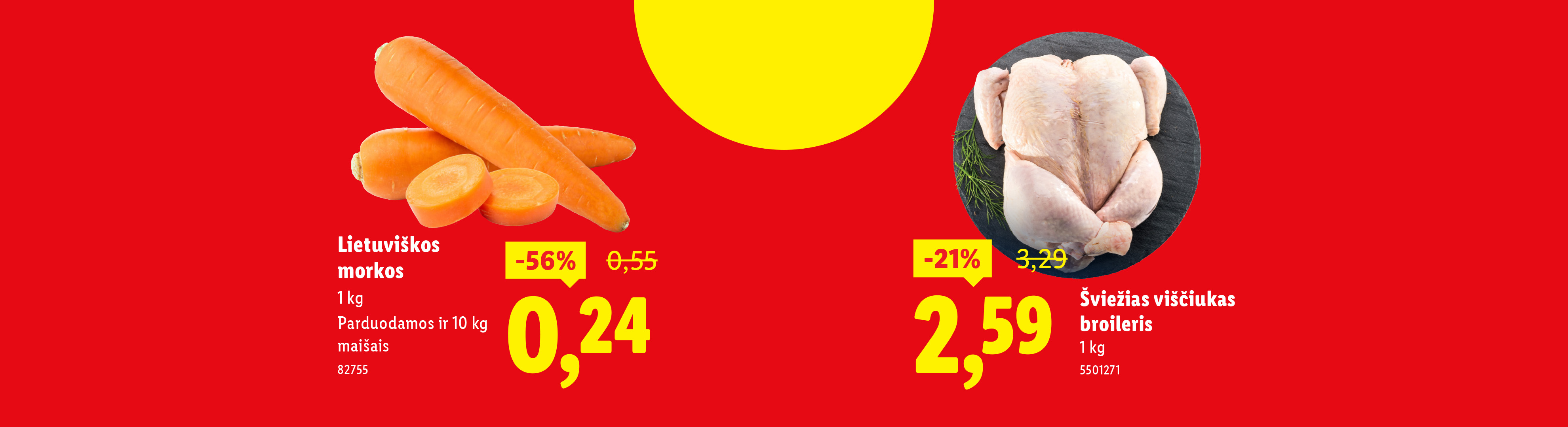 Reklaminis plakatas su morkomis ir šviežiu viščiuku broilerių, nurodant nuolaidas ir kainas.