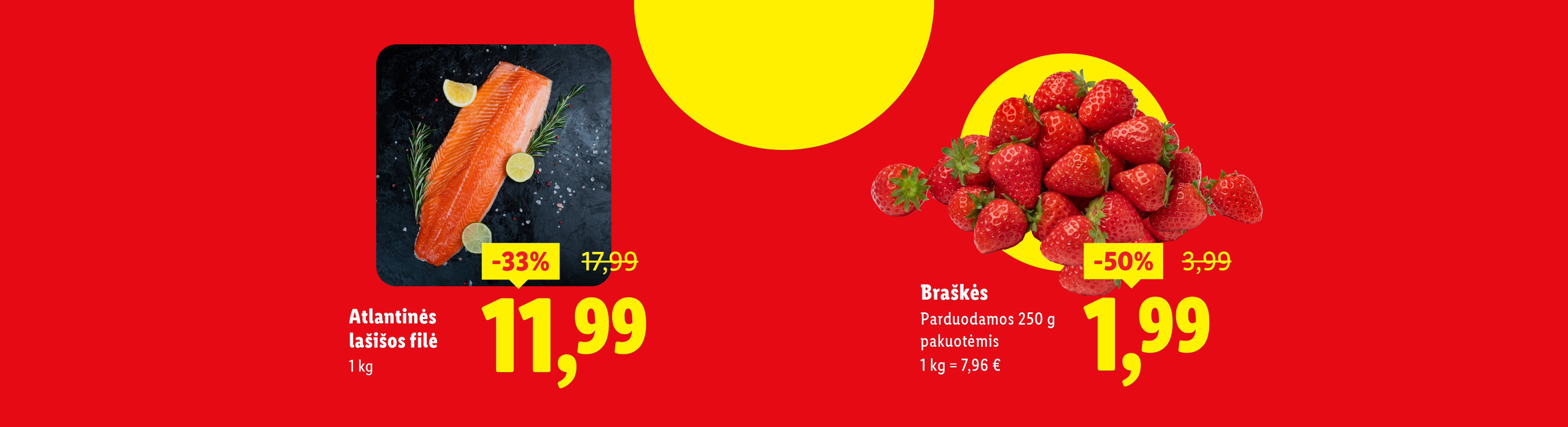 Reklaminis plakatas su lašišos filė ir braškėmis, nurodant nuolaidas ir kainas.