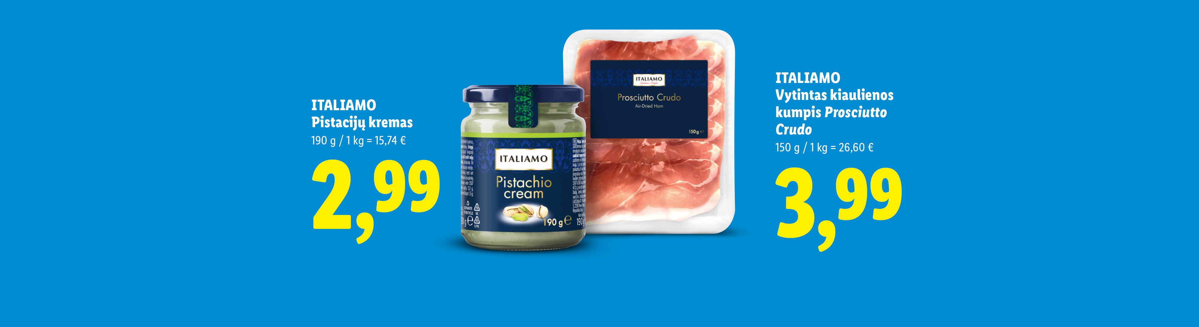 Pistacijų kremas ir vytintas kiaulienos kumpis su kainomis mėlyname fone.