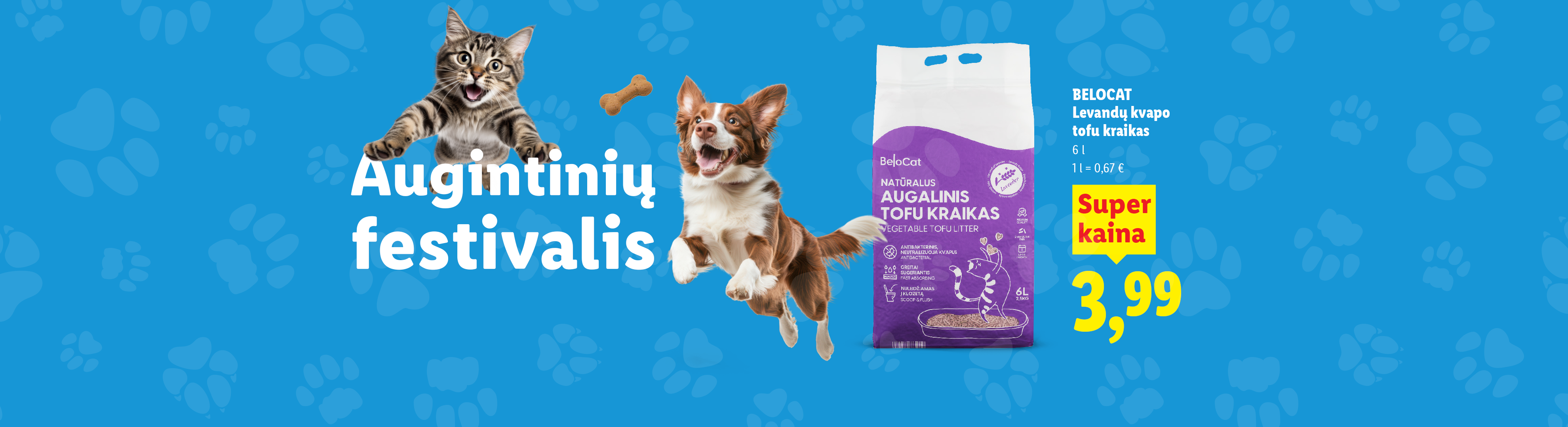 Šokinėjantys šuo ir katė su kraiko pakuote, skelbiančia „Augintinių festivalis“ ir „Super kaina 3,99 €“.