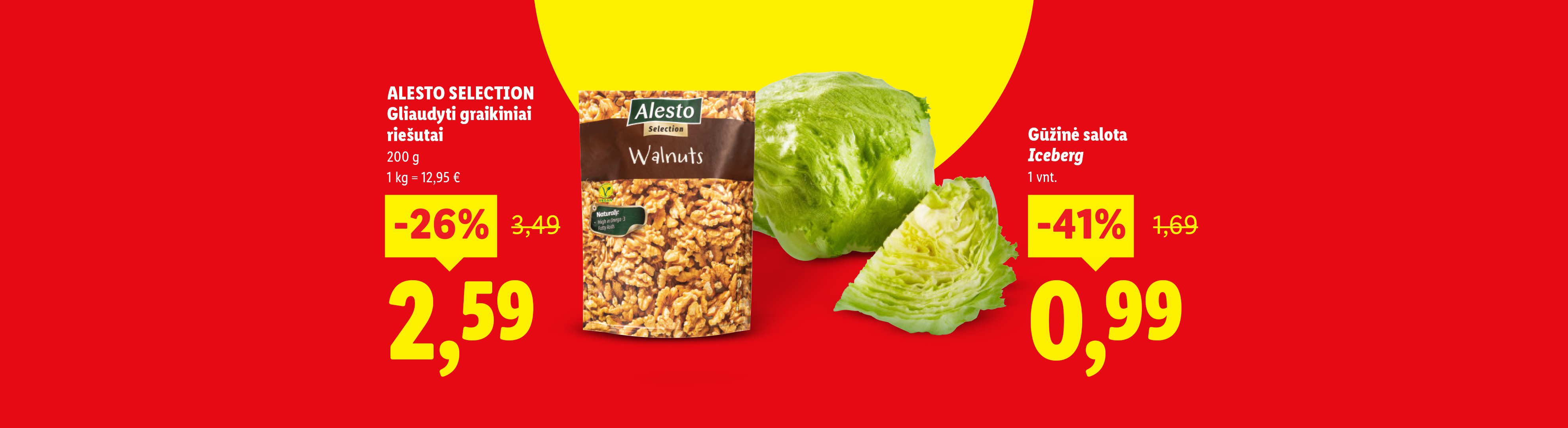 Akcijos: graikiniai riešutai ir gūžinė salota „Iceberg“.