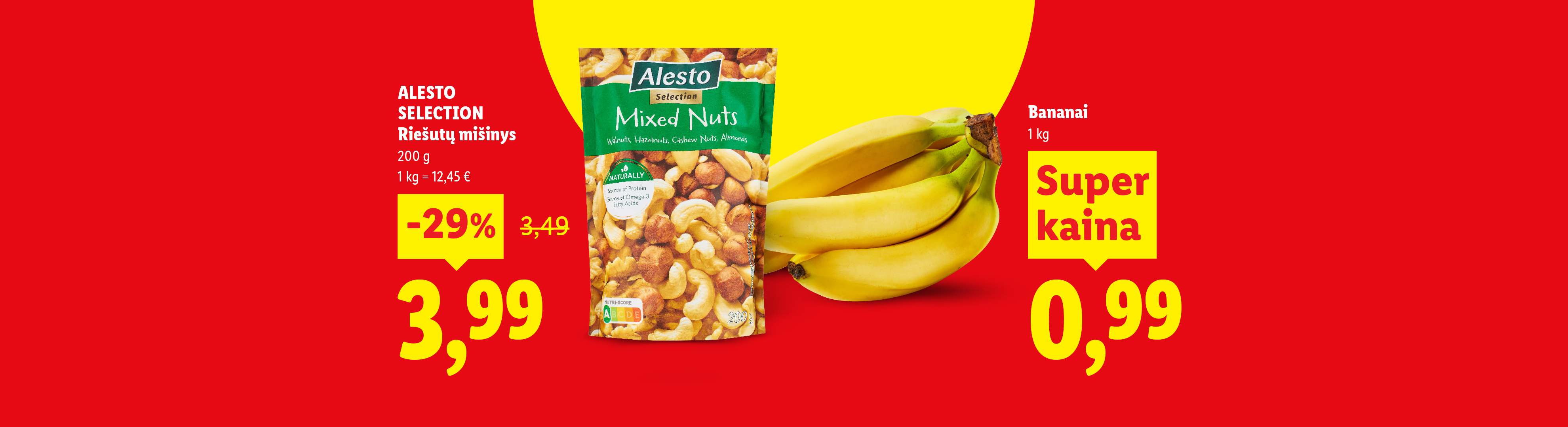 Maišytų riešutų ir bananų reklama su kainomis ir nuolaidomis.