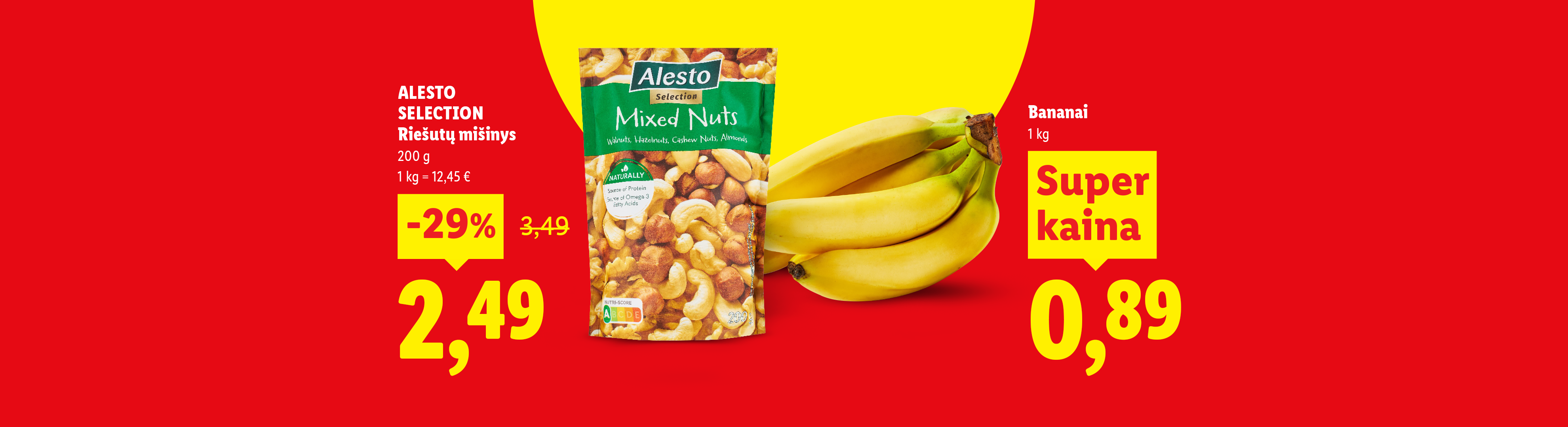 Maišytų riešutų ir bananų reklama su kainomis ir nuolaida.