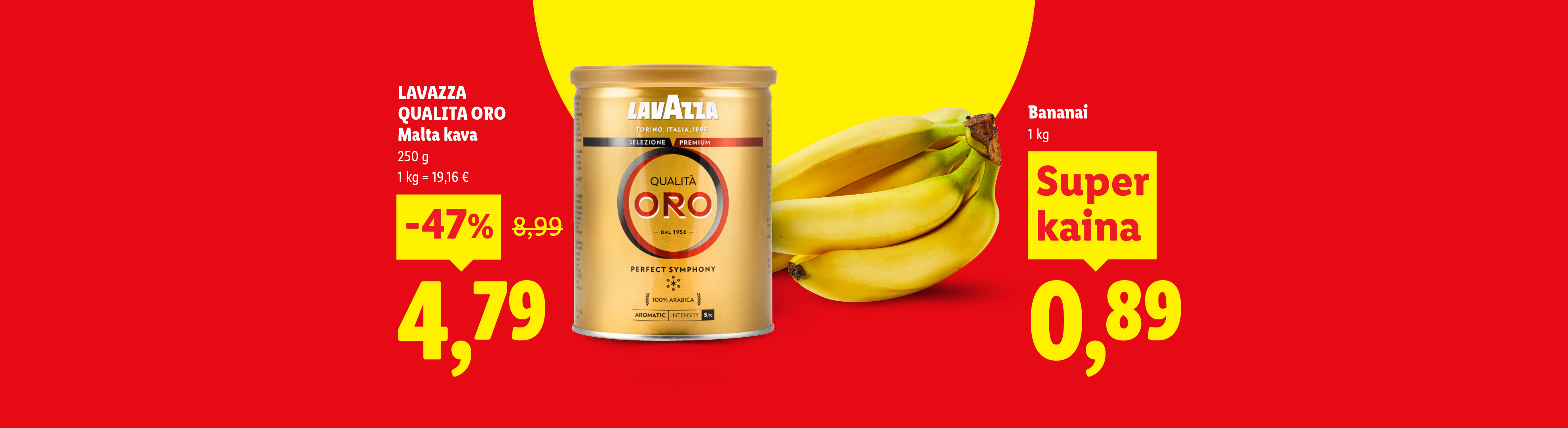 Kavos pakuotė ir bananai su nuolaidomis. Kavai taikoma 47% nuolaida, bananams – „Super kaina“.