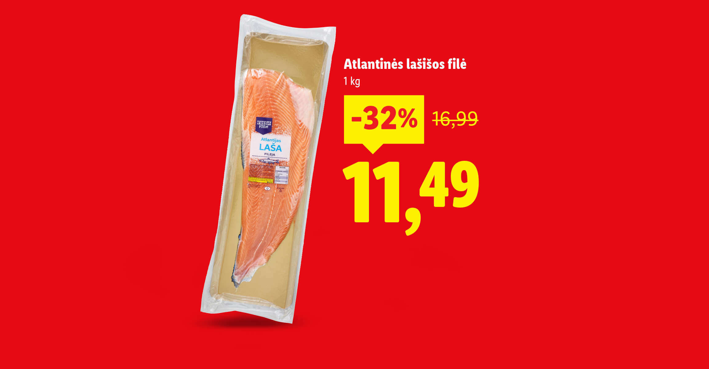 Majonezas ir lašišos filė su kainomis ir nuolaidomis raudoname fone.