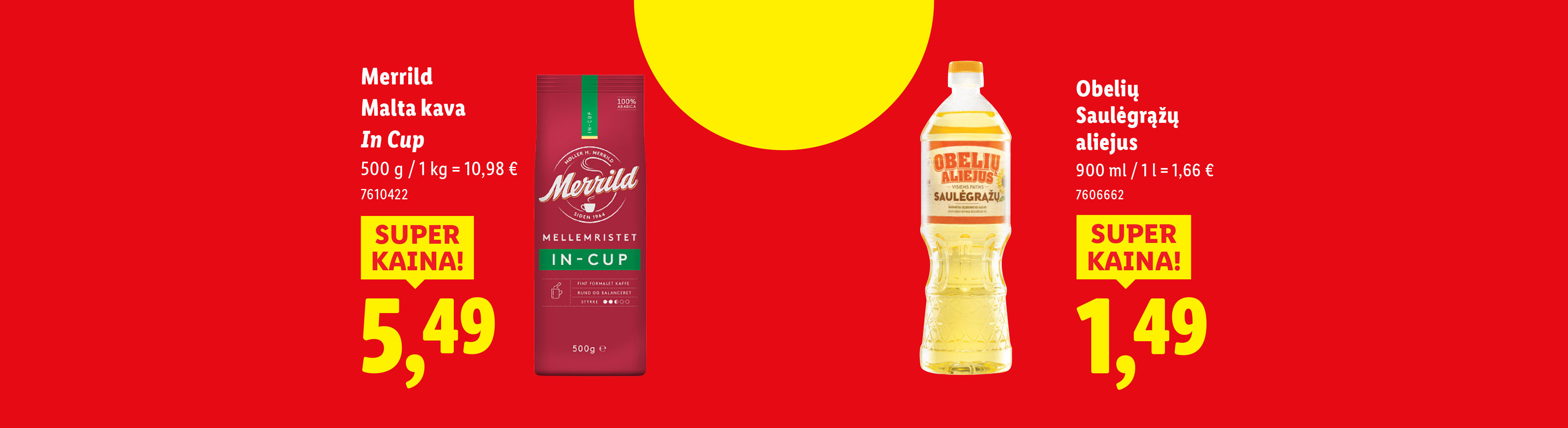 Merrild Malta kava ir Obelių saulėgrąžų aliejus su nuolaida.
