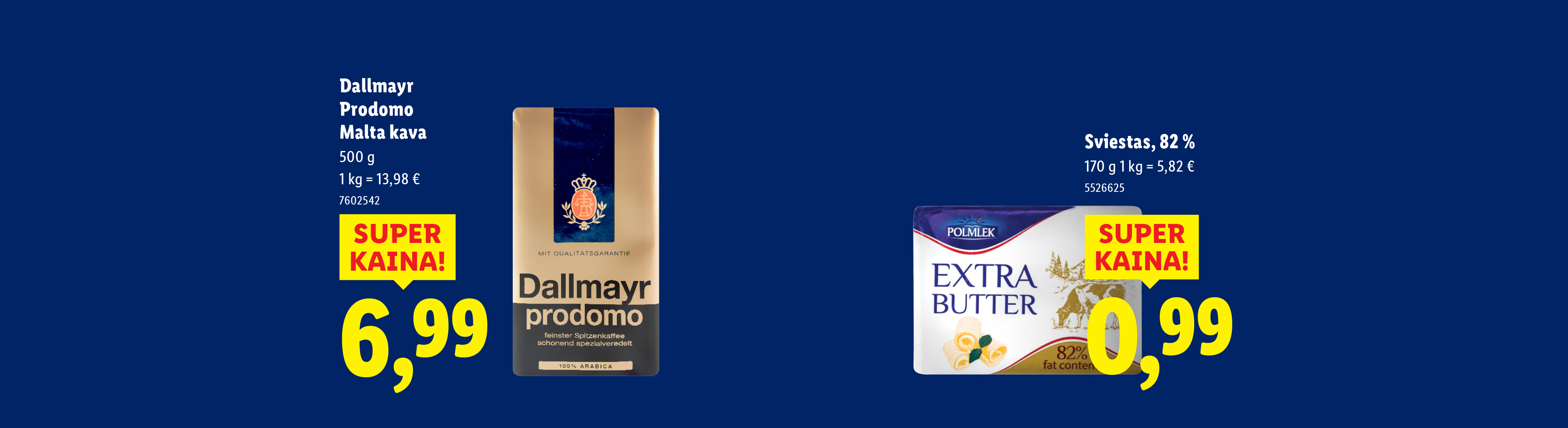 Dallmayr Prodomo kava ir Polmlek sviestas su kainomis ir nuolaidų ženklais.