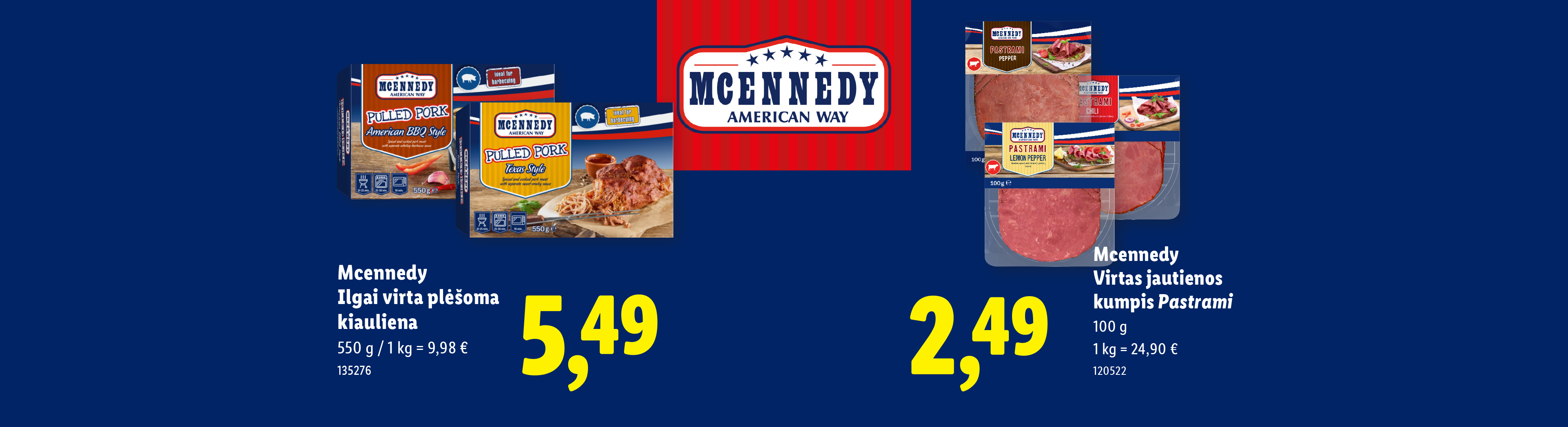 Du ilgai virtos plėšomos kiaulienos produktai ir trys virtos jautienos kumpio Pastrami pakuotės su kainomis.