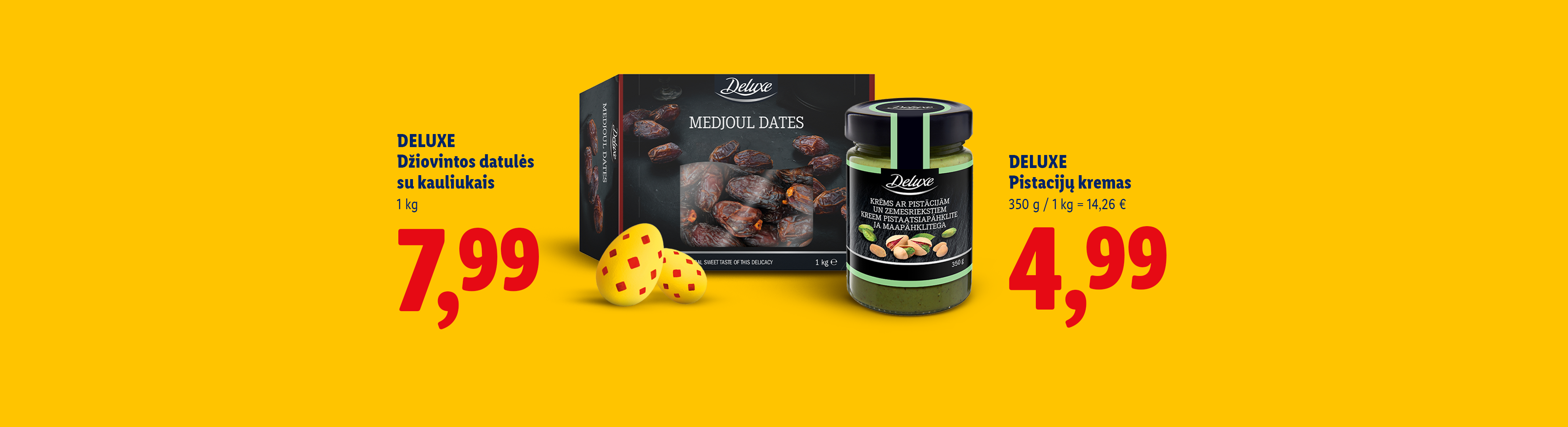 Džiovintos datulės ir pistacijų kremas su kainomis ant geltono fono.