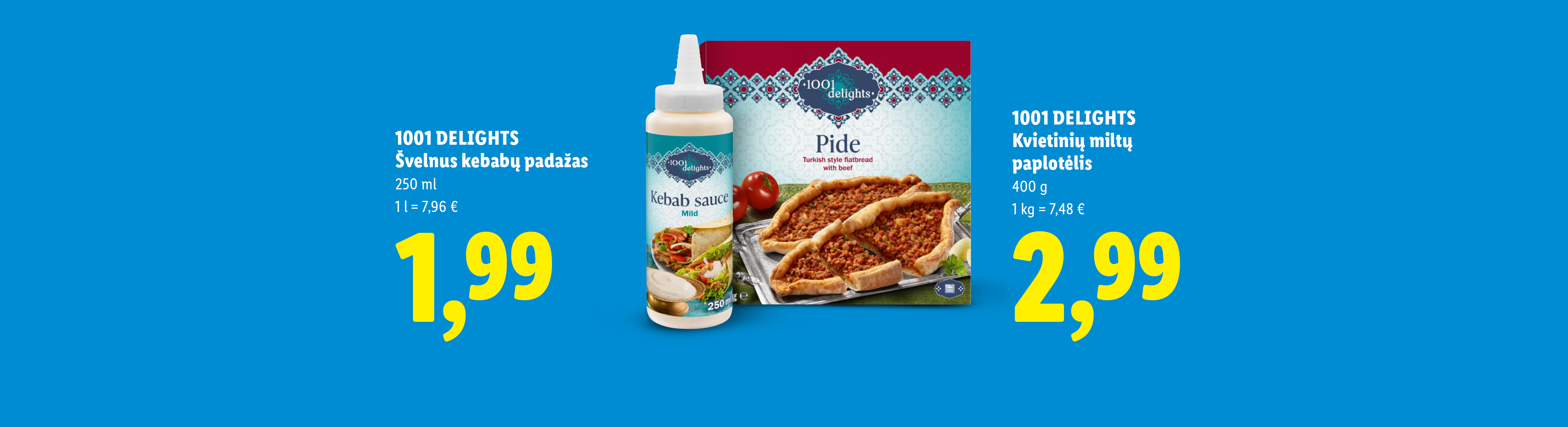 Kebabų padažas ir turkiška duona su jautiena, su kainomis 1,99 € ir 2,99 €.