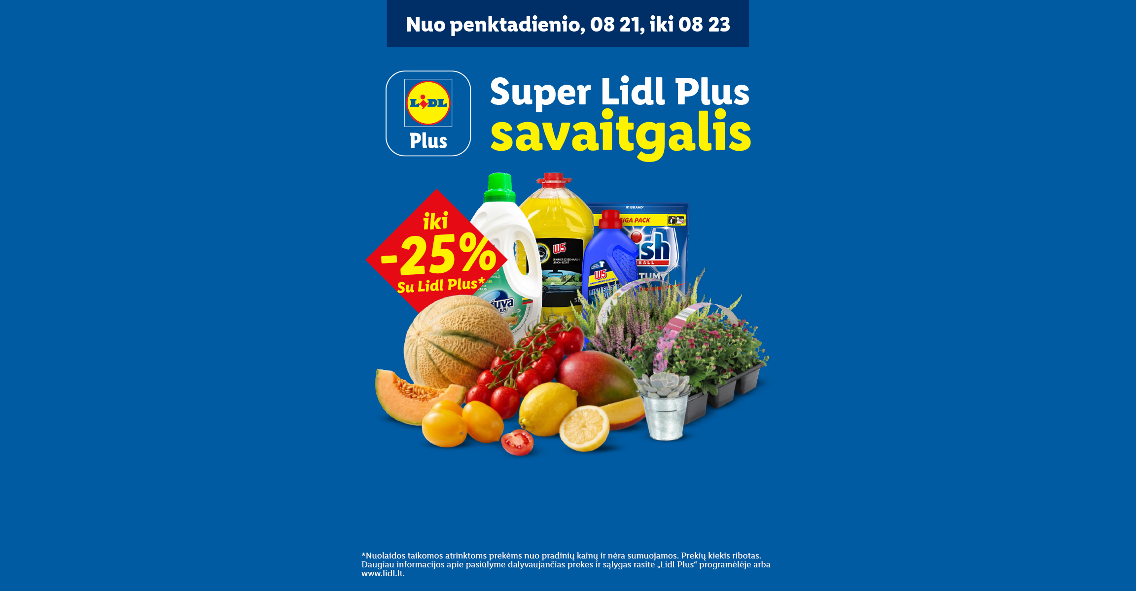 Lidl Plus savaitgalio pasiūlymai: iki -25% nuolaida vaisiams, daržovėms, augalams ir švaros prekėms.