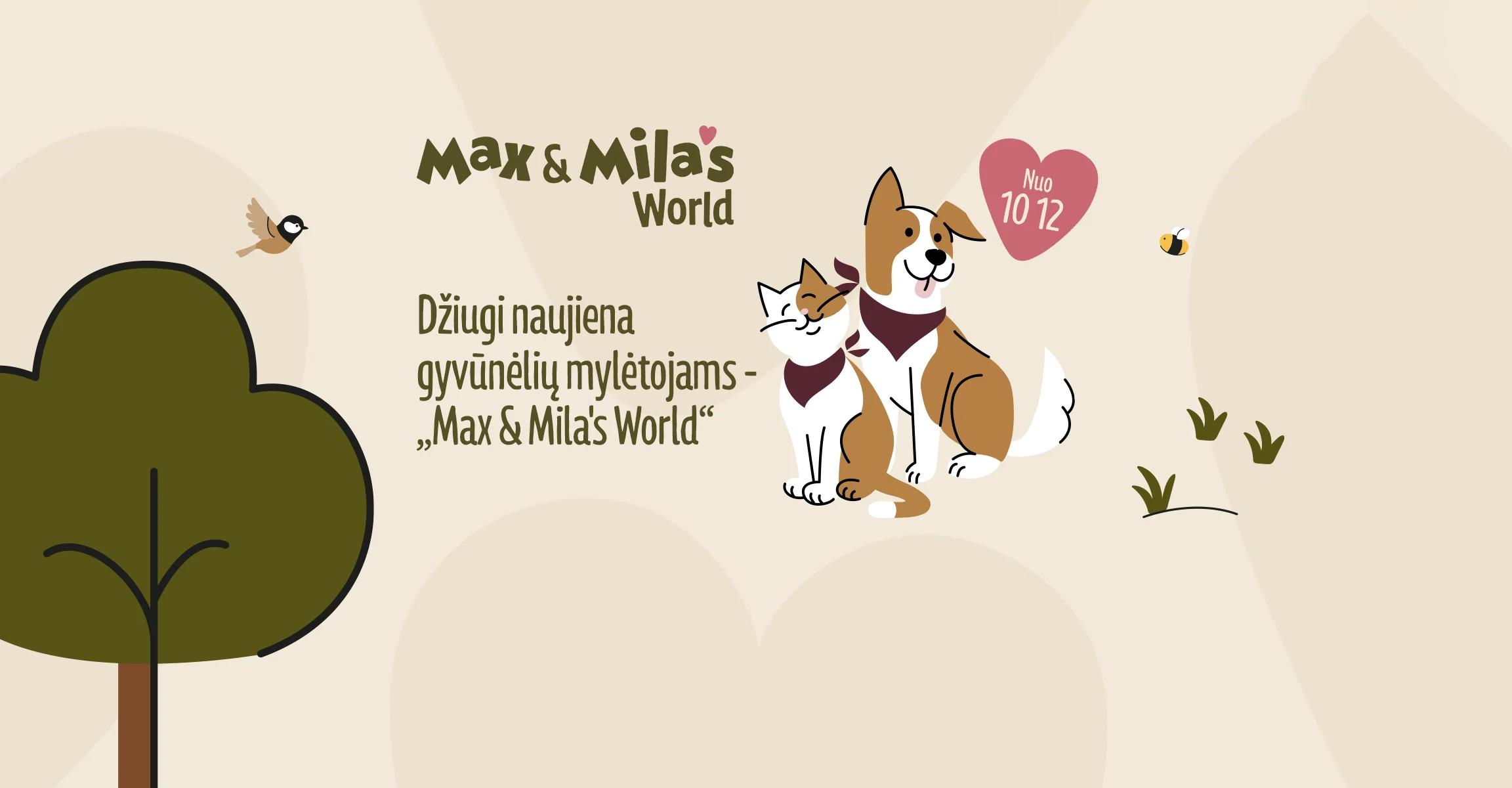 Reklaminis skydelis su šunimi ir kate, pranešantis apie naujieną gyvūnų mylėtojams nuo spalio 12 d.
