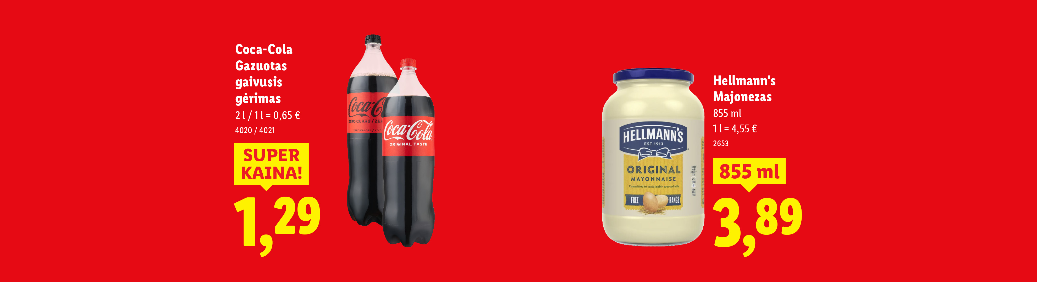 Coca-Cola gėrimas ir Hellmann's majonezas su kainomis raudoname fone.