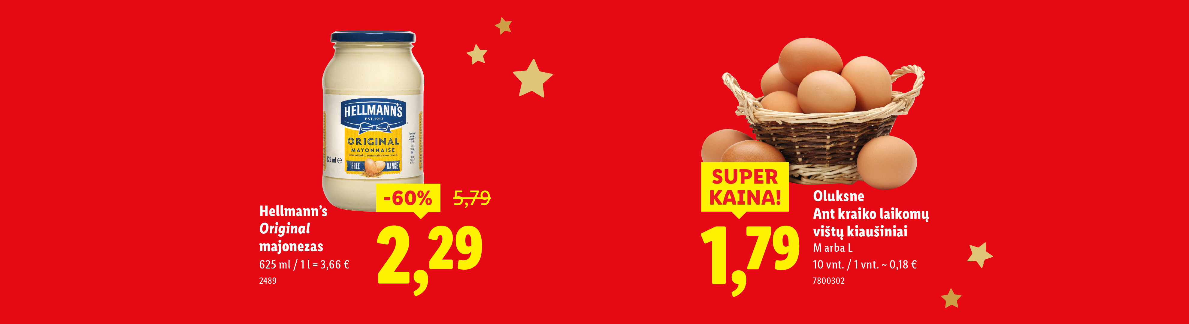 Hellmann's majonezas ir kiaušiniai su nuolaida raudoname fone.