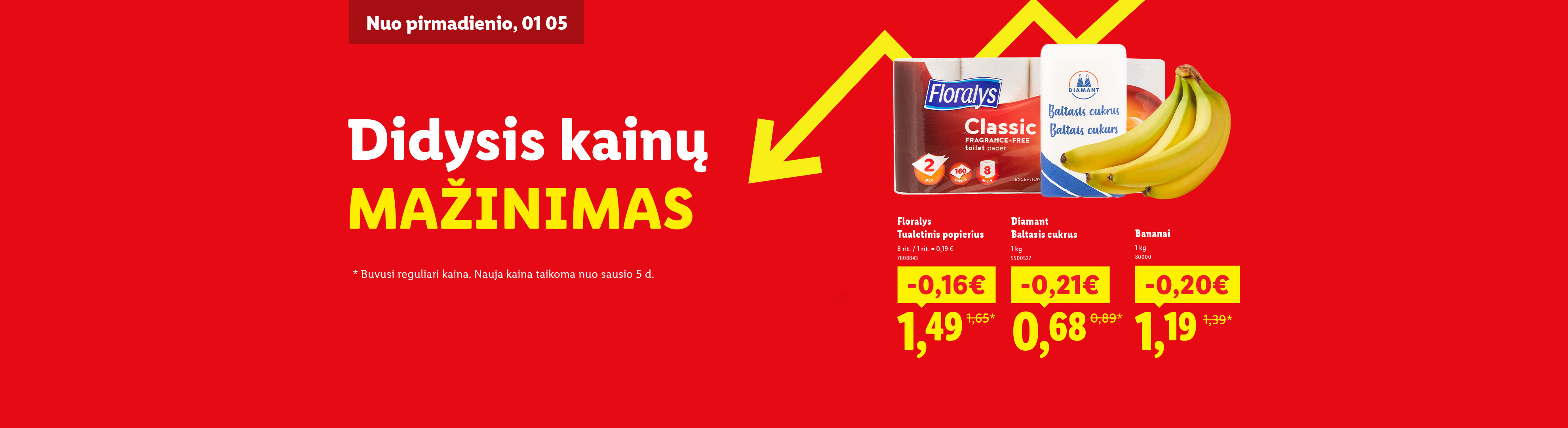 Didelis kainų mažinimas: tualetinis popierius 'Floralys Classic', cukrus 'Diamant' ir bananai.