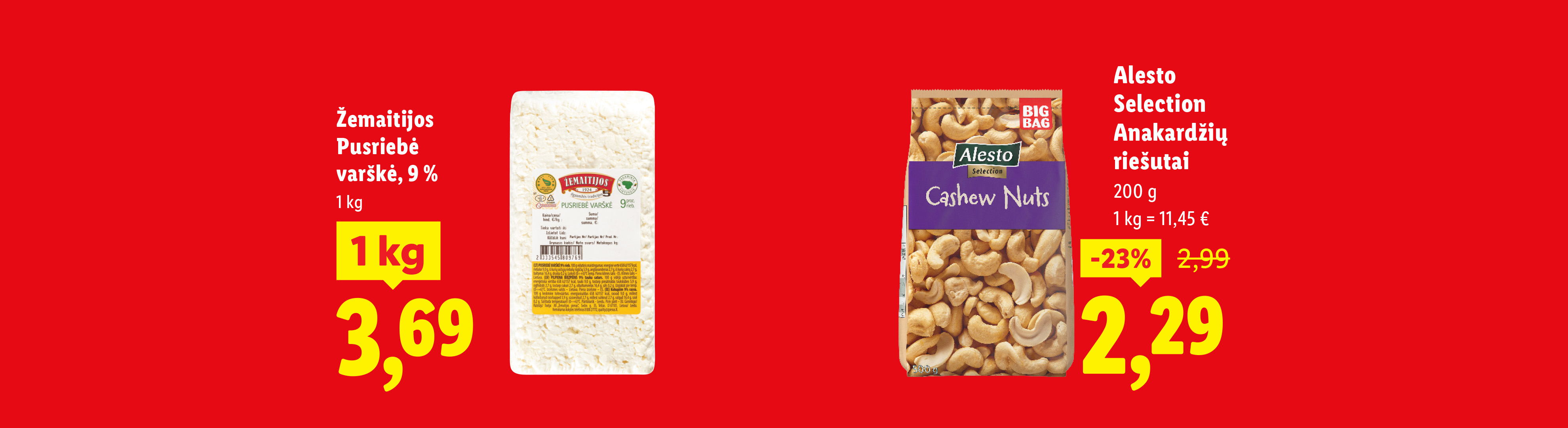 Varškė ir anakardžių riešutai su nuolaida raudoname fone.