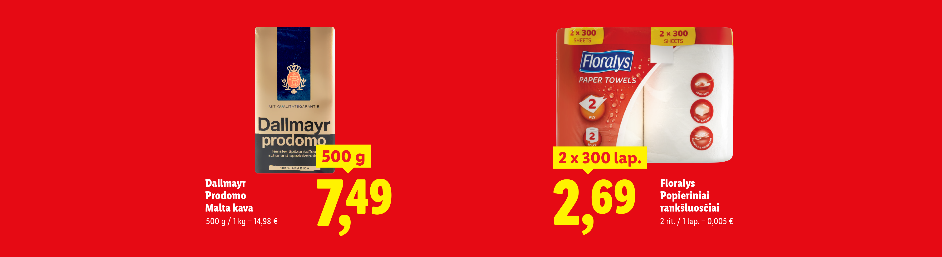 Kavos pakuotė ir popieriniai rankšluosčiai su kainomis raudoname fone.