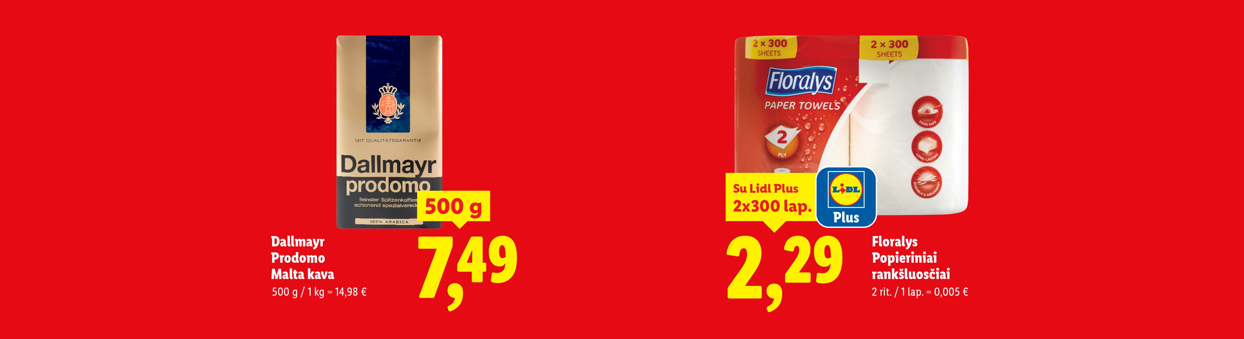 Kavos pakuotė ir popieriniai rankšluosčiai su kainomis raudoname fone.