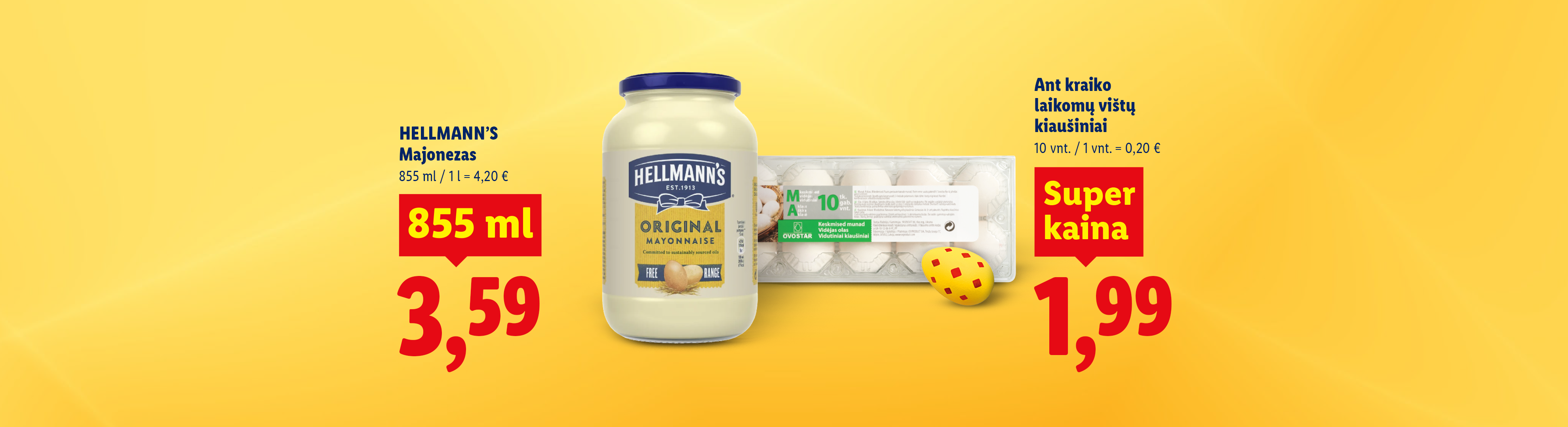 Majonezas ir kiaušiniai su kainomis, reklamuojantys „Super kainą“.