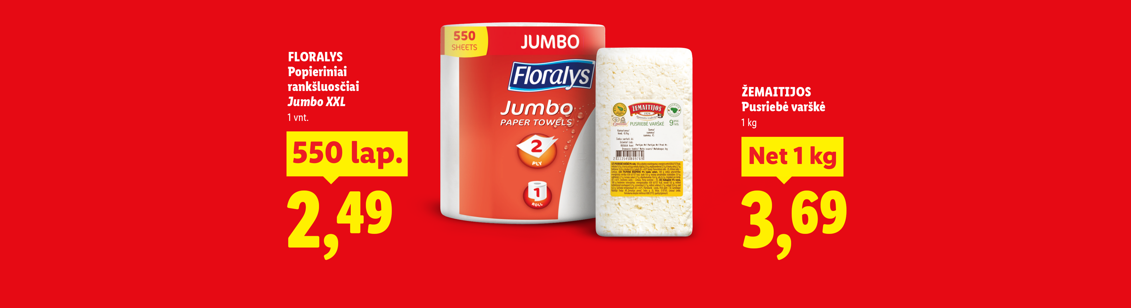 Popieriniai rankšluosčiai ir varškė su kainomis raudoname fone.