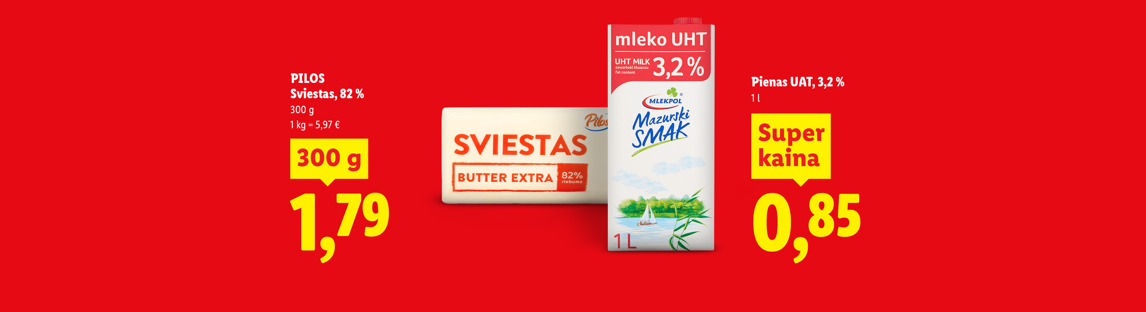 Raudoname fone sviesto ir pieno pakuotės su kainomis.