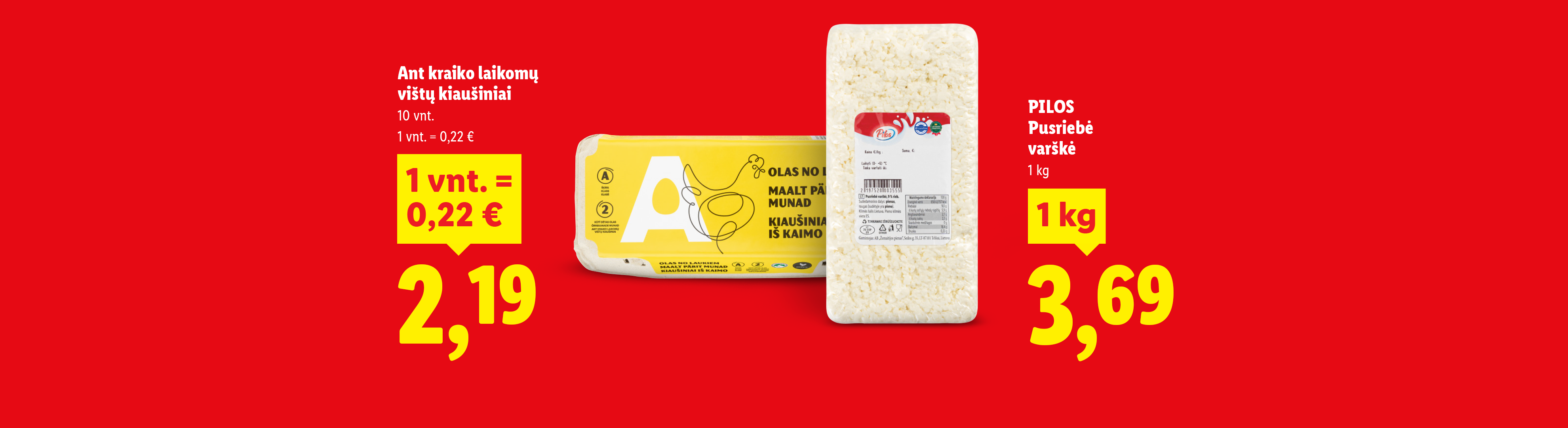 Kiaušiniai ir varškė su kainomis raudoname fone.