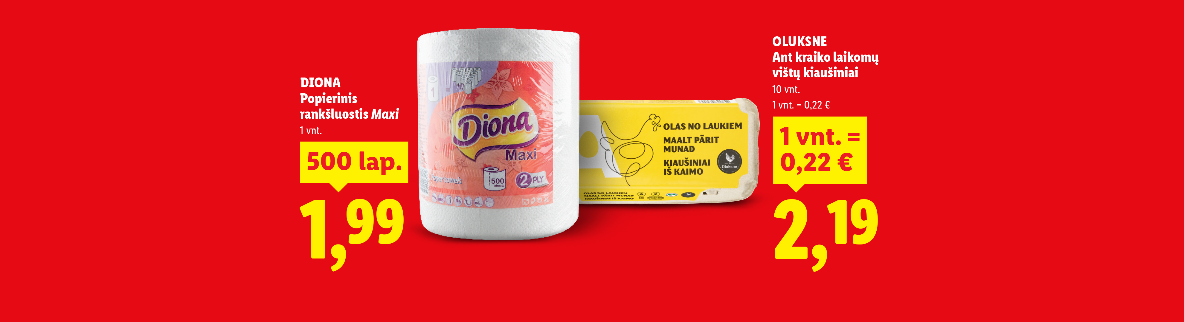 Popierinis rankšluostis ir kiaušiniai su kainomis raudoname fone.