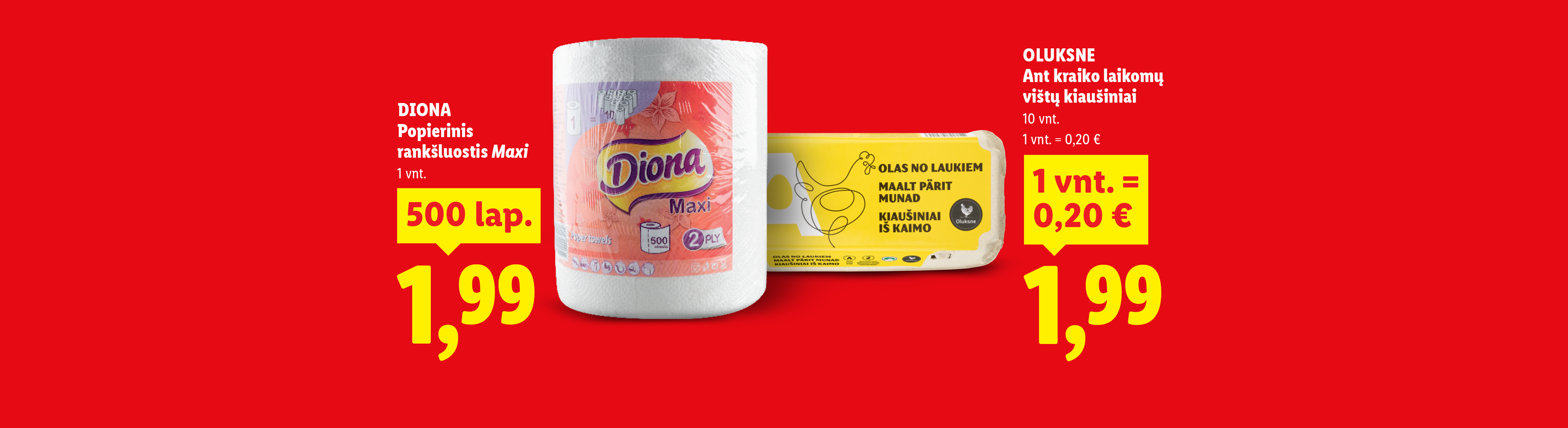 Popieriniai rankšluosčiai ir kiaušiniai su kainomis 1,99 €.