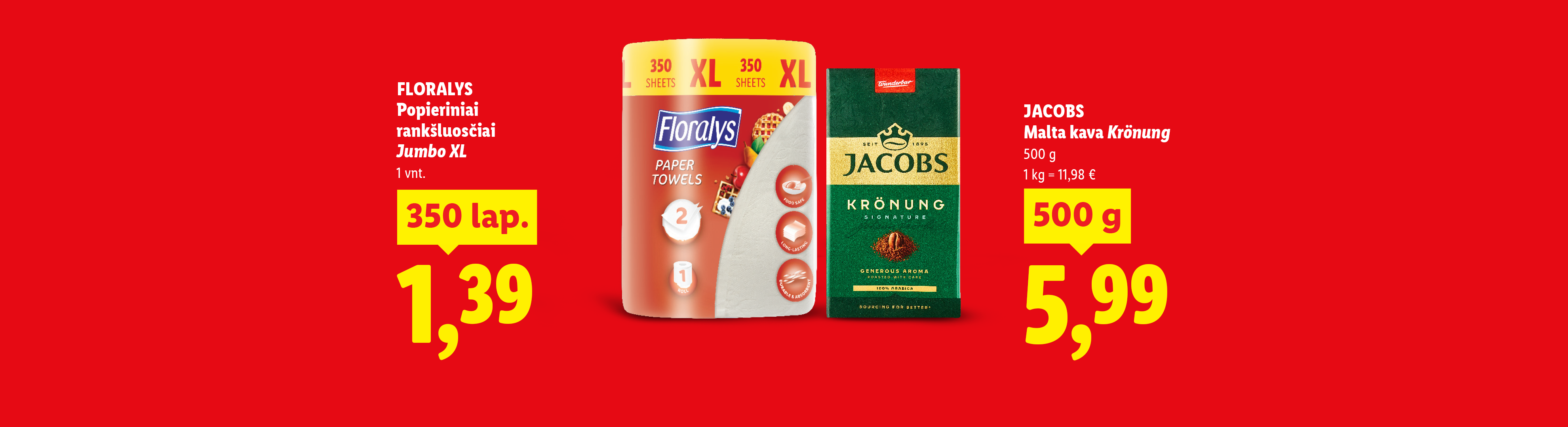Reklaminis plakatas su popieriniais rankšluosčiais ir malta kava, nurodant jų kainas ir kiekius.