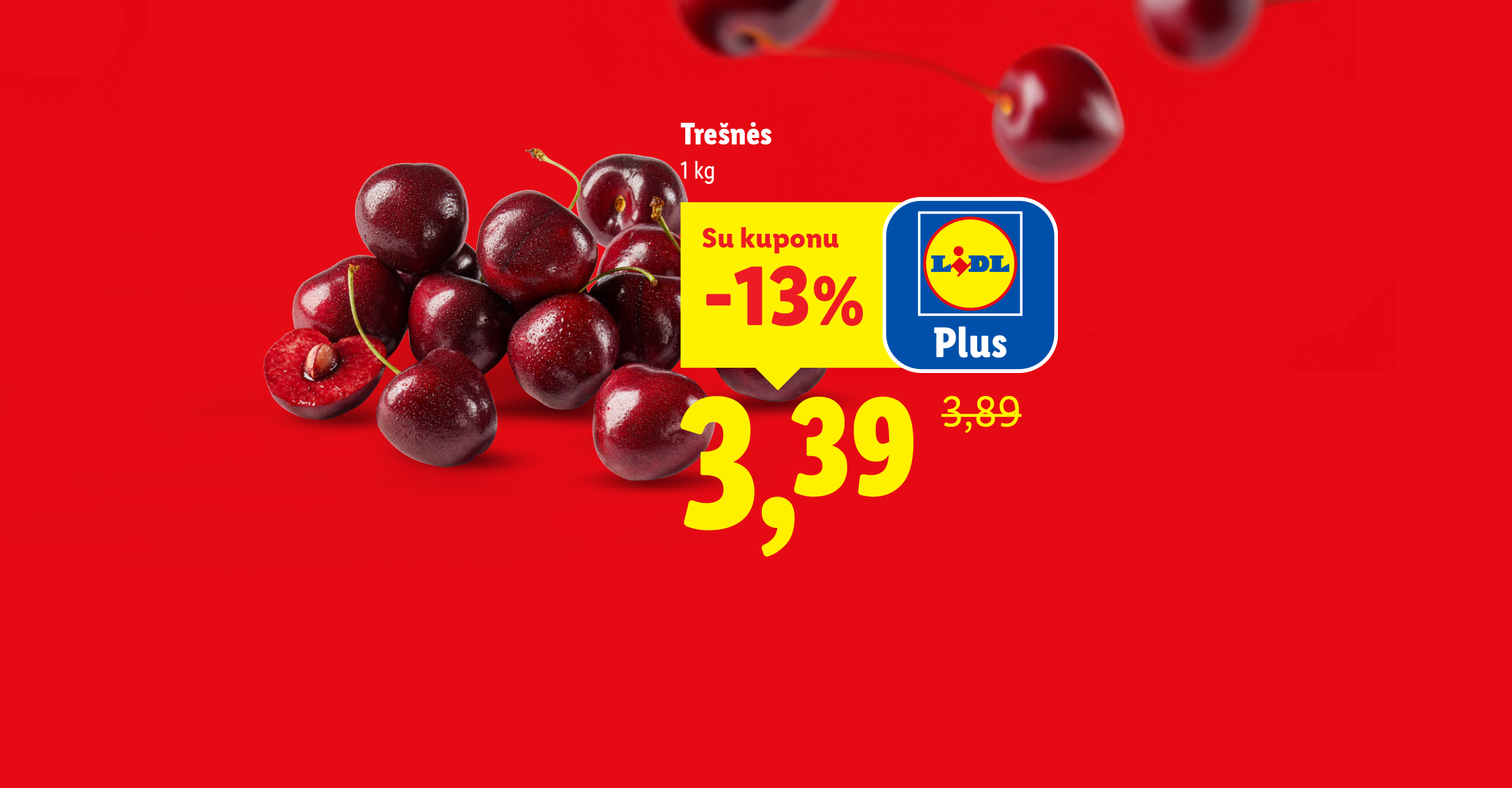 Raudoname fone kiaušiniai ir vyšnios su kainomis ir nuolaida.