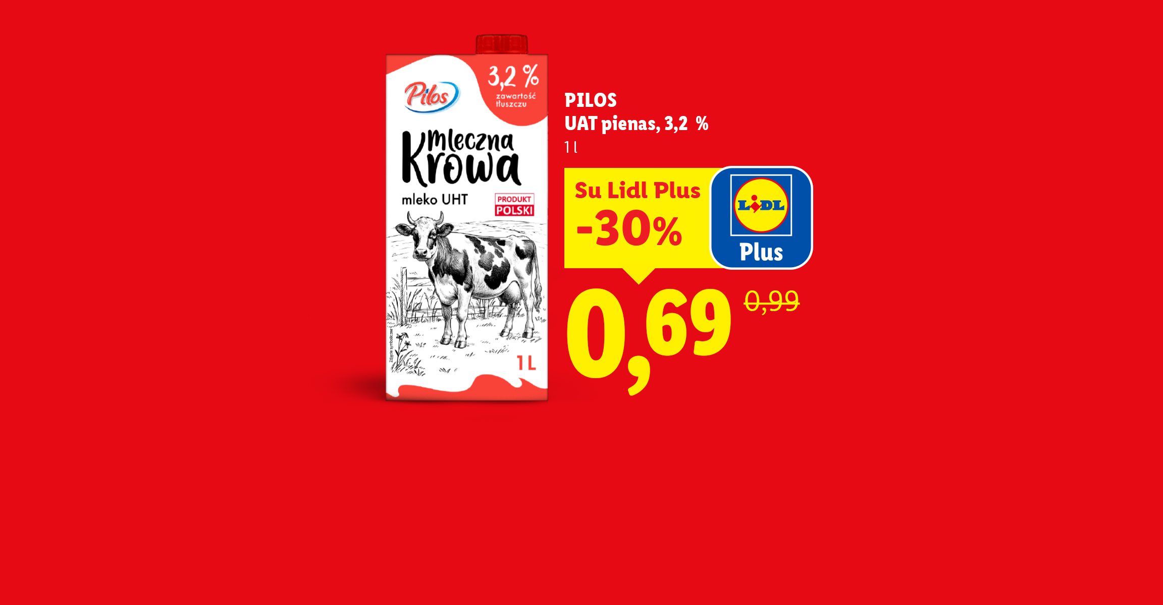Pieno ir kiaušinių reklama su nuolaidomis, raudoname fone.