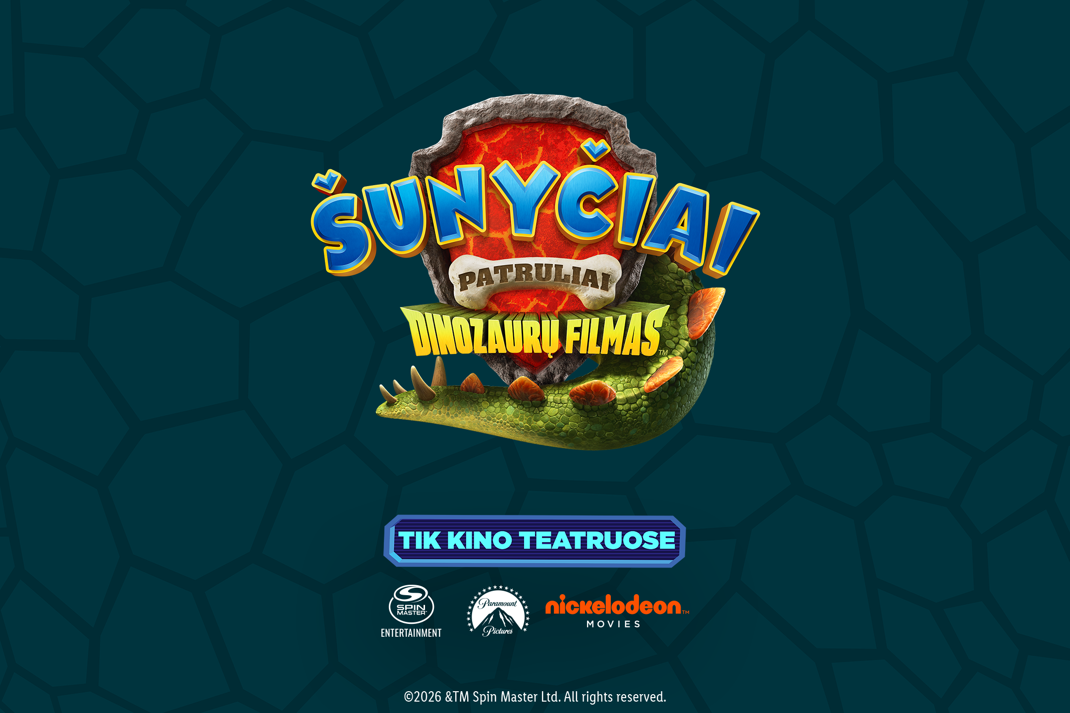 Šunyčiai, dinozaurai ir filmo pavadinimas „Šunyčiai: Dinozaurų filmas“.