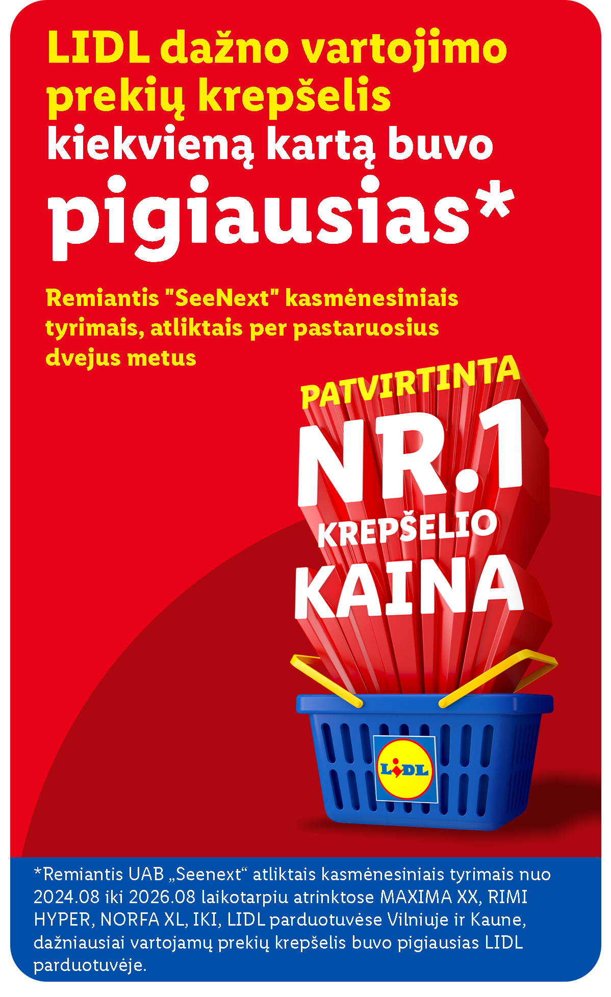 Raudonas plakatas su užrašu „LIDL dažno vartojimo prekių krepšelis kiekvieną kartą buvo pigiausias*“ ir mėlynu pirkinių krepšeliu.