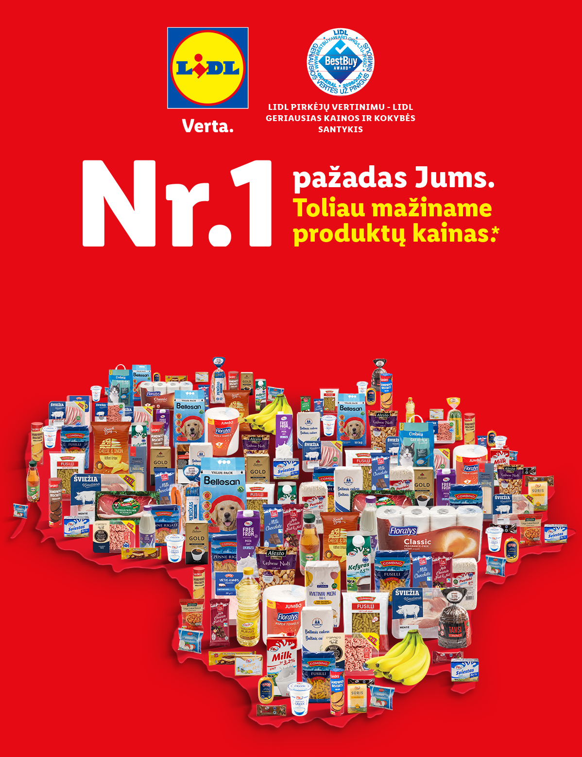 Lidl reklama su šūkiu „Nr.1 pažadas Jums. Toliau mažiname produktų kainas*“, fone – maisto produktai.