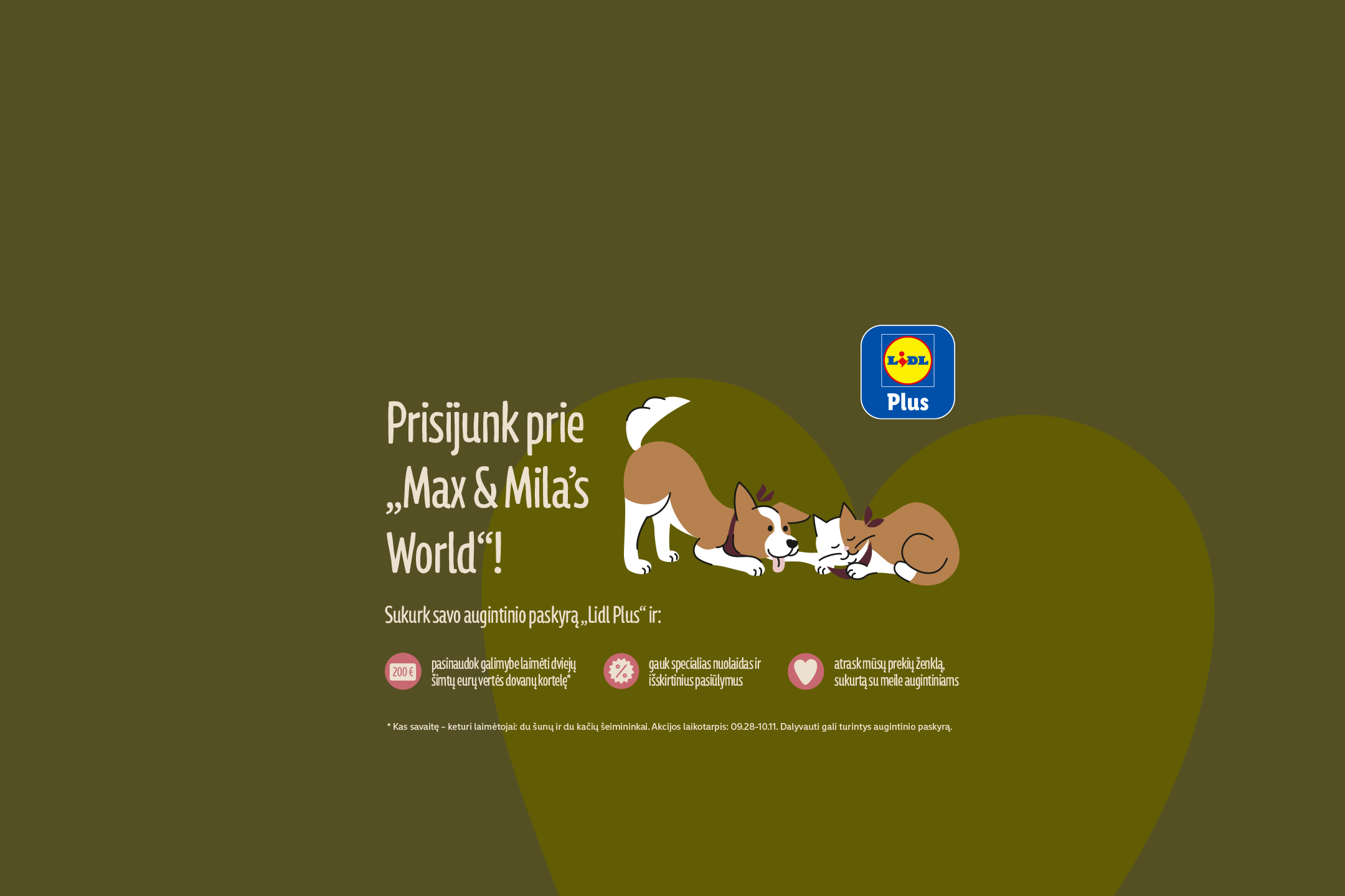 Šuo ir katė širdelės fone bei kvietimas prisijungti prie 'Max & Mila's World'.