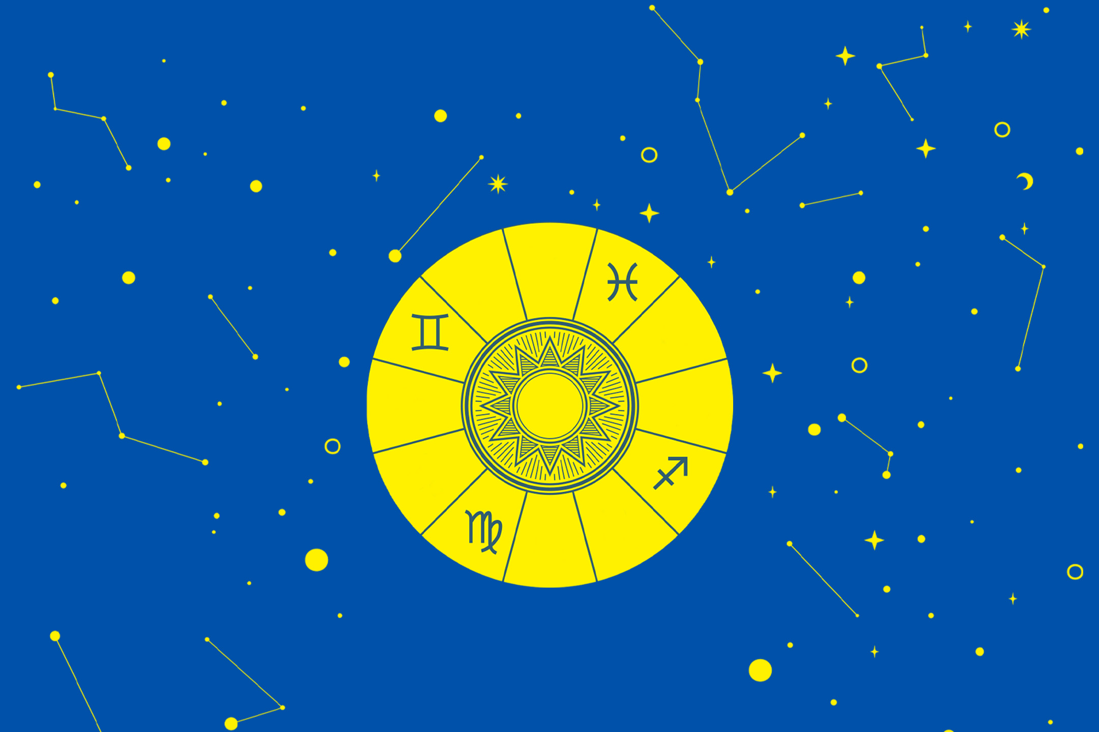 Zodiako ženklai ir žvaigždynai mėlyname fone