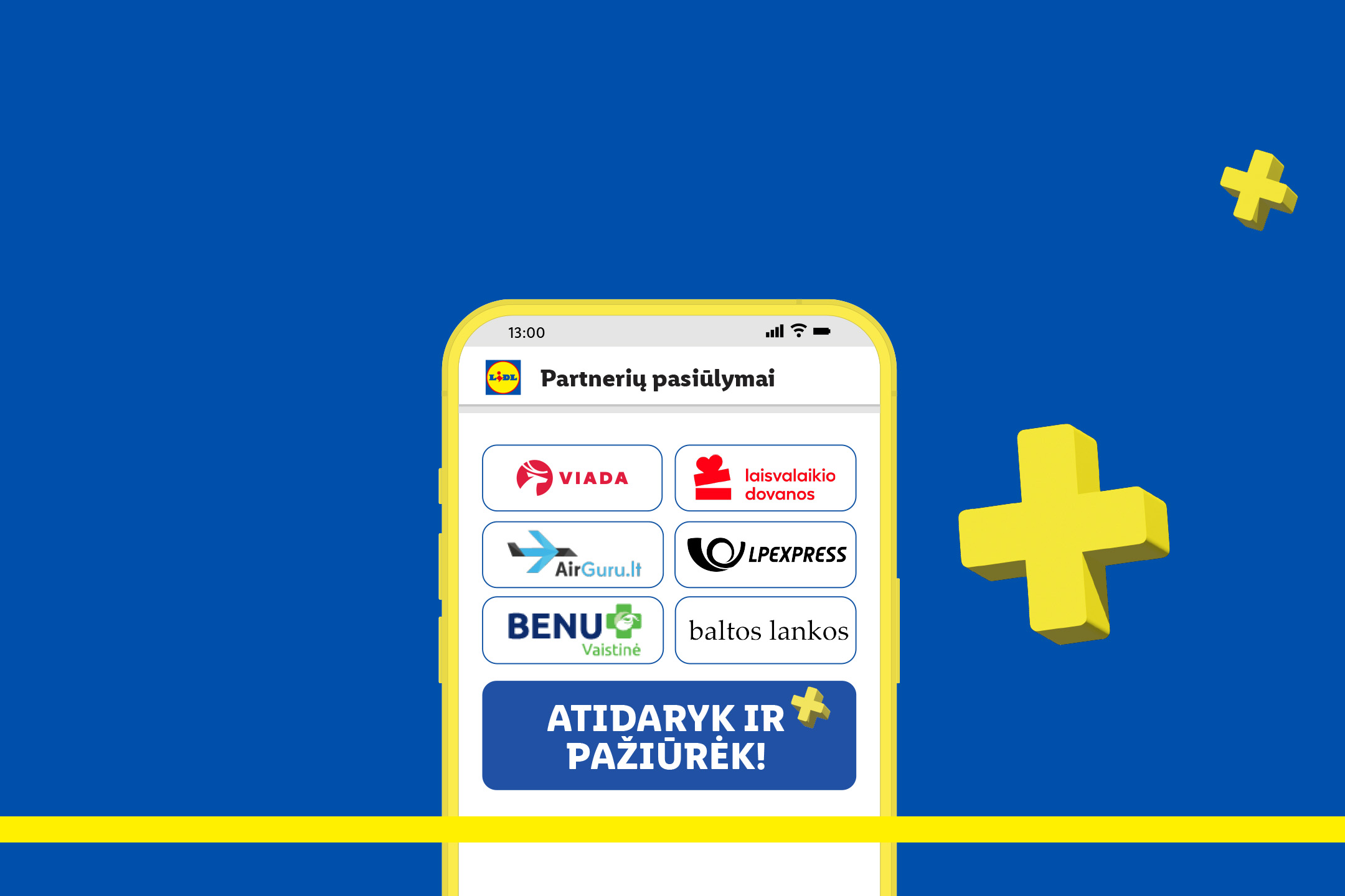 Lidl programėlė su partnerių pasiūlymais: VIADA, Laisvalaikio dovanos, AirGuru.lt, LPEXPRESS, BENU Vaistinė, baltos lankos.