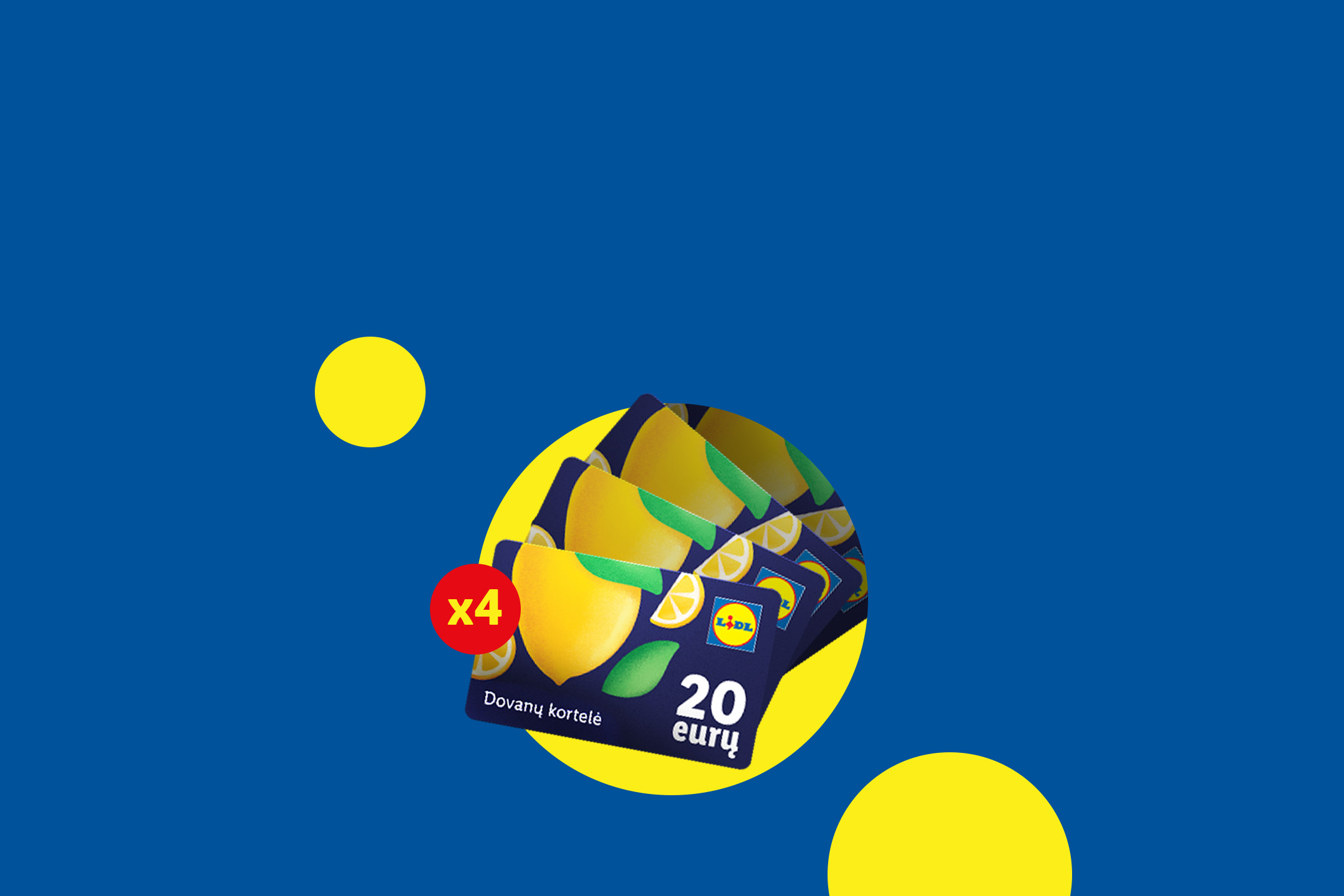Keturių dovanų kortelių su citrinų motyvais ir 20 eurų nominalu pakuotė mėlyname fone.