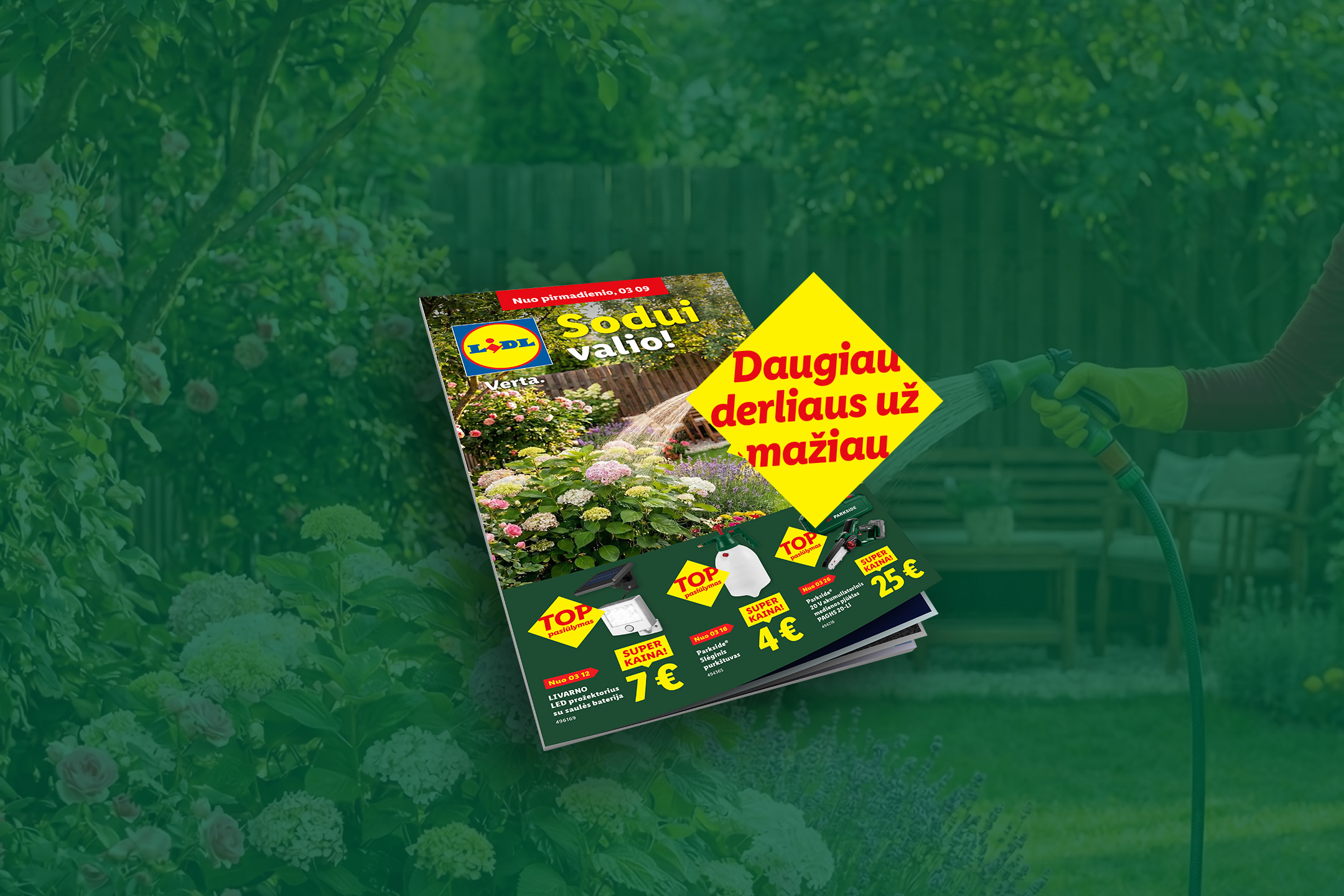 Sodo prekių katalogas su pasiūlymais, įskaitant LED prožektorių, purkštuvą ir medienos pjūklą.