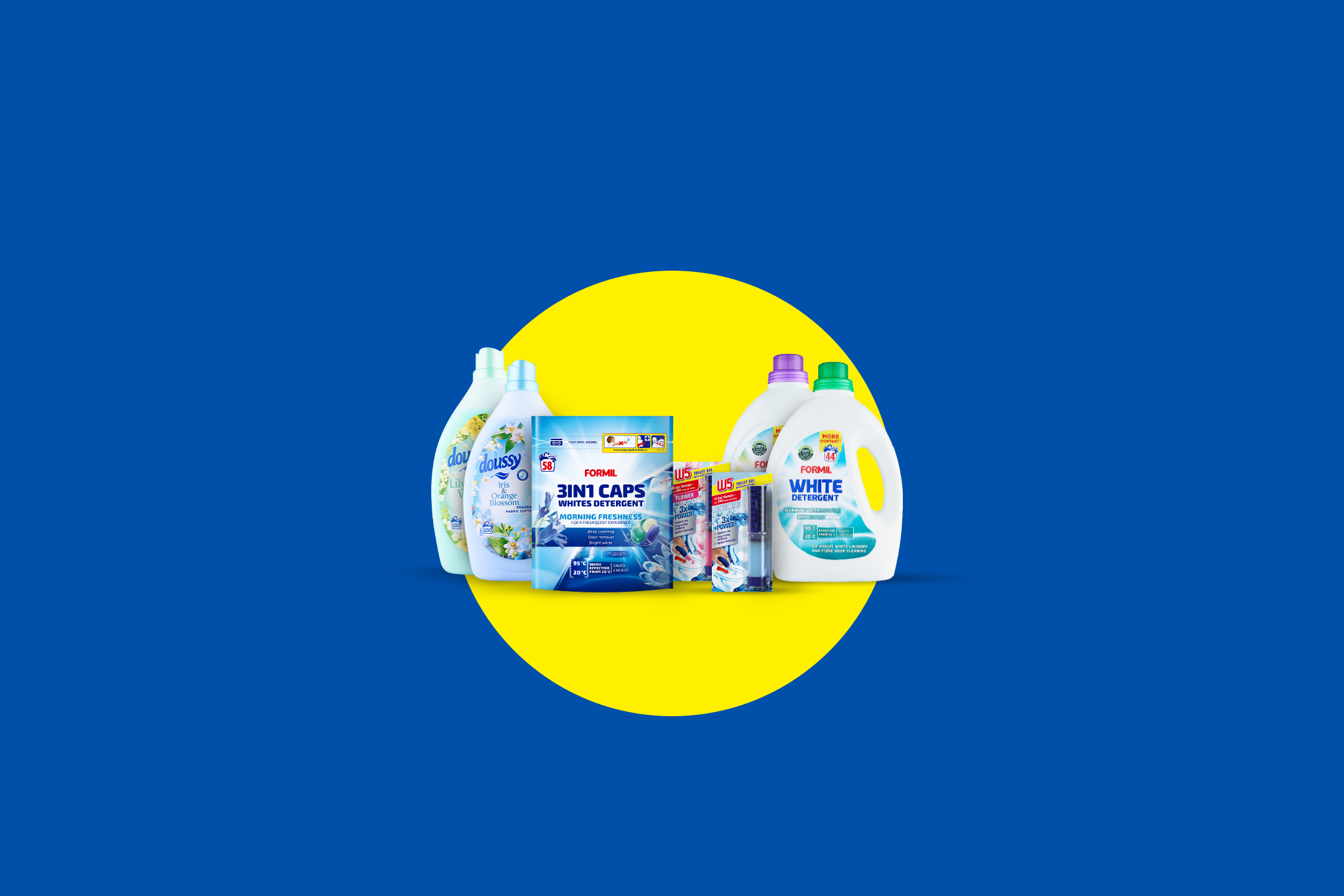 Skalbimo priemonės: skalbimo kapsulės, skystas skalbiklis baltiems audiniams ir audinių minkštikliai.