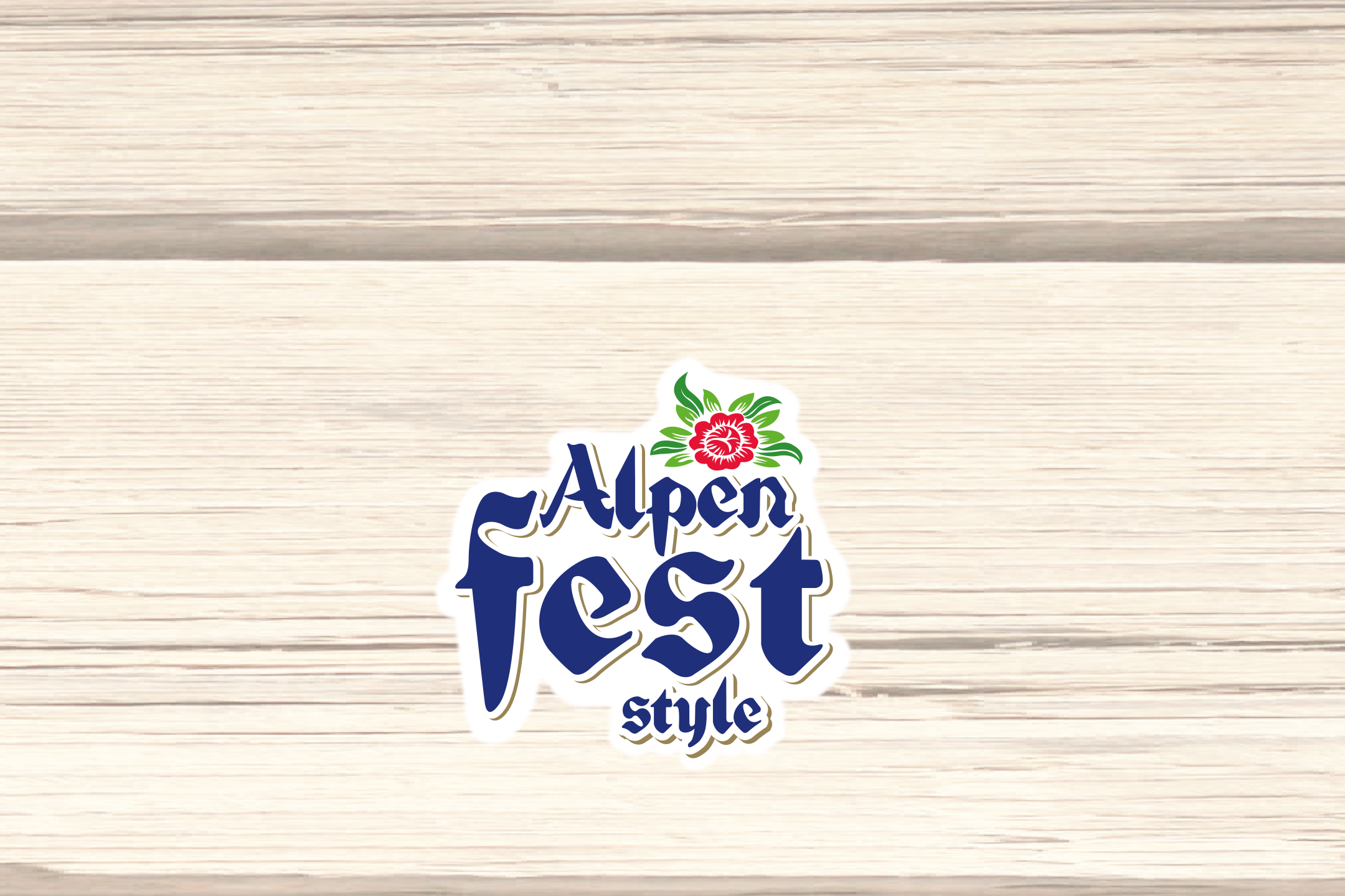 Alpenfest stiliaus logotipas su raudona gėle ir žaliais lapais ant medinės lentos fono.