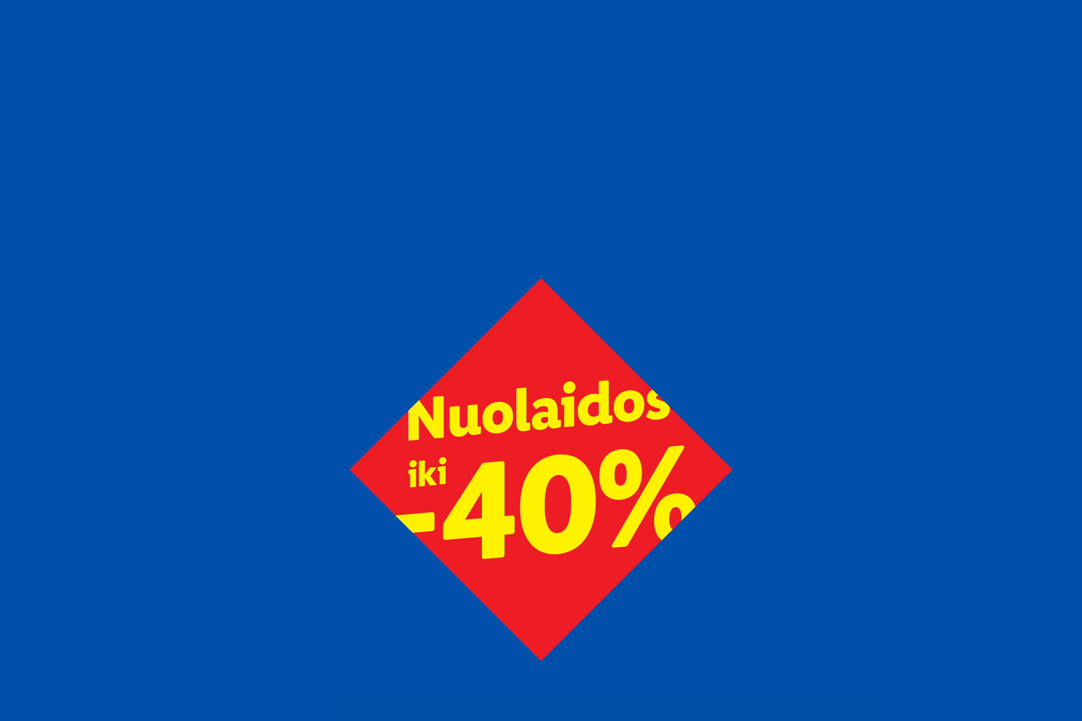 Raudonas rombas su geltonu tekstu „Nuolaidos iki -40%“ mėlyname fone.