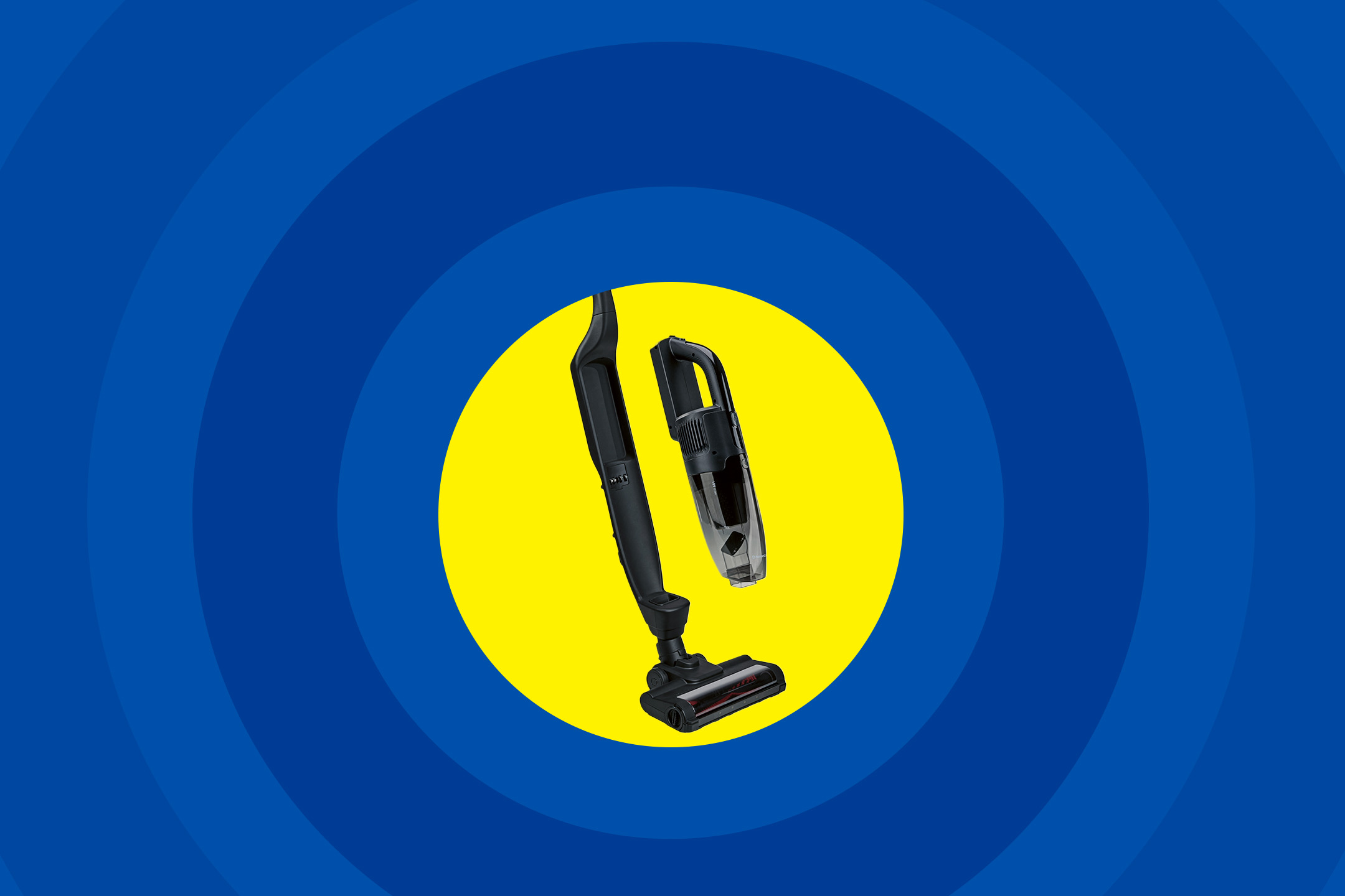Juodas belaidis dulkių siurblys ir rankinis dulkių siurblys geltoname fone su mėlynais koncentriniais apskritimais.