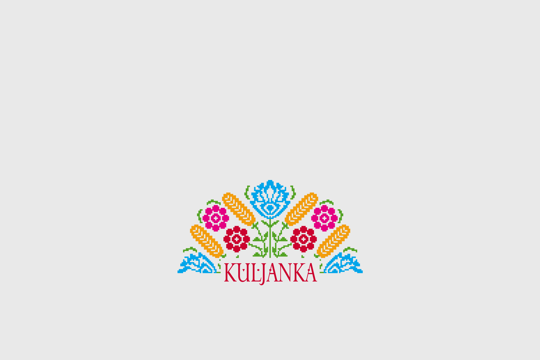 Pikselių gėlių ir kviečių ornamentas su užrašu „KULJANKA“.