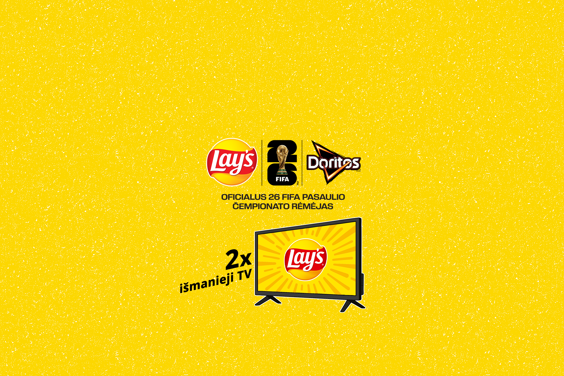 Geltoname fone – užkandžių logotipai, FIFA trofėjus ir televizorius su užrašu „2x išmanieji TV“.