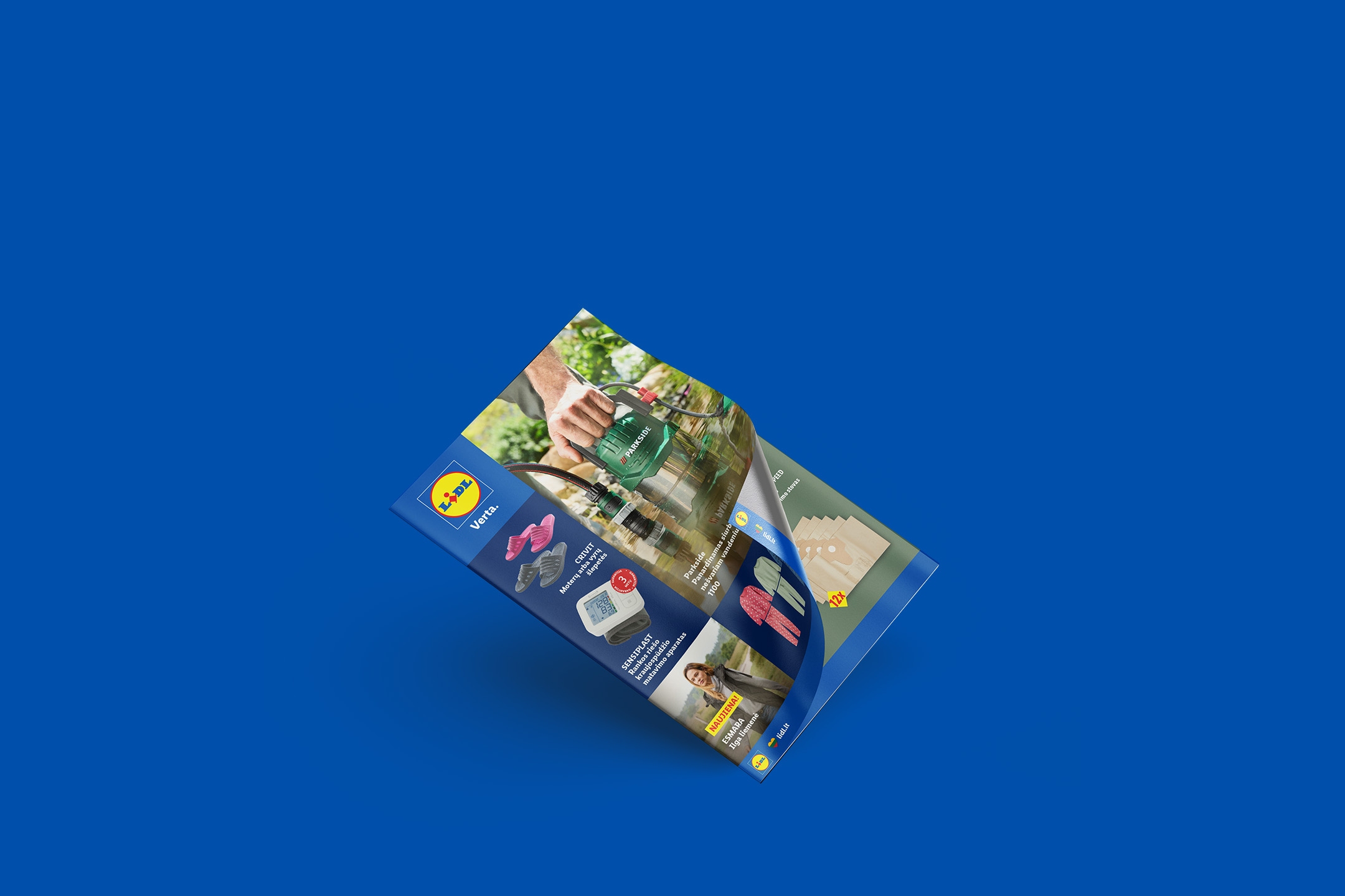 Lidl reklaminis lankstinukas su sodo įrankiais, šlepetėmis, kraujospūdžio matuokliu ir liemene.