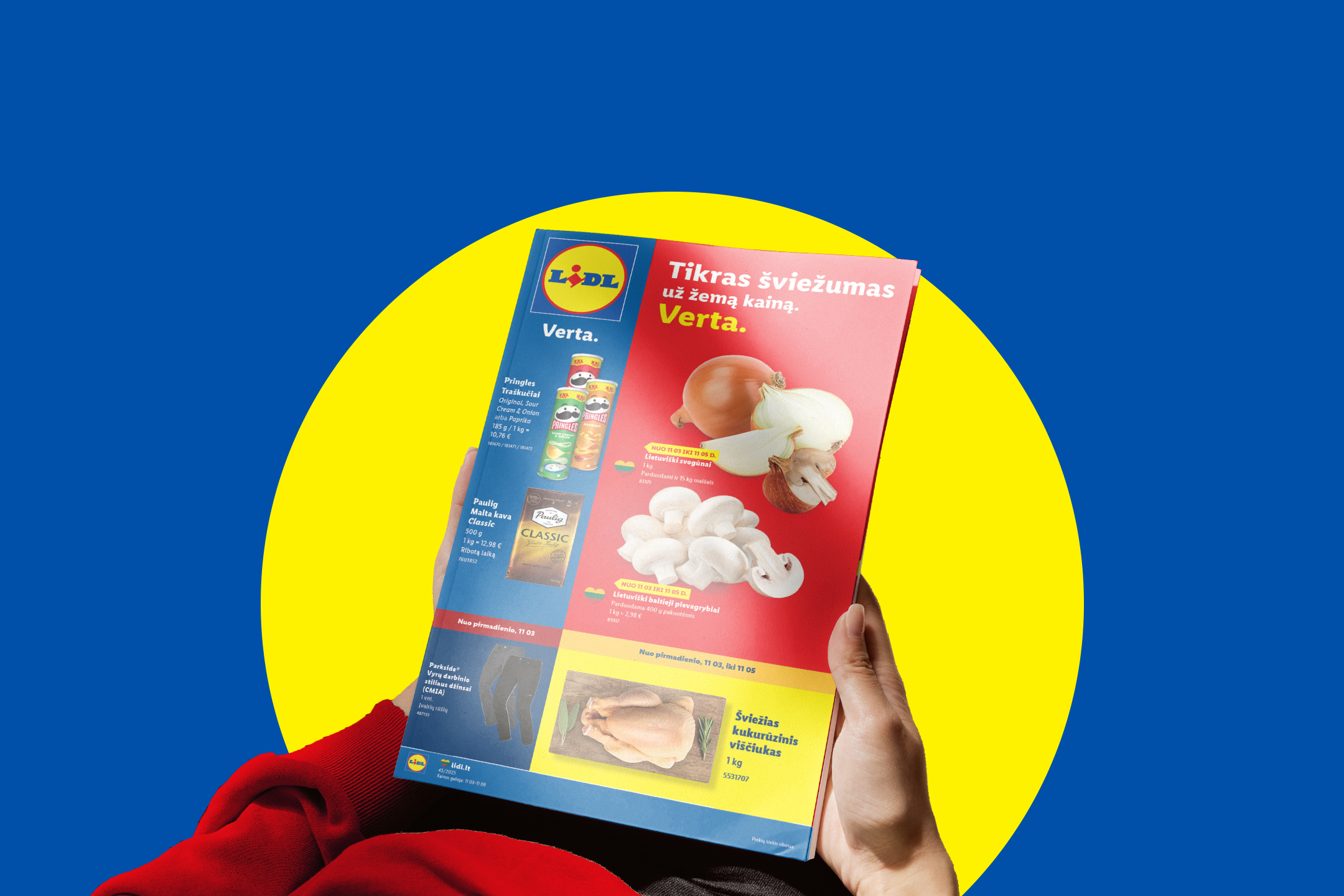 Lidl reklaminis lankstinukas su svogūnais, pievagrybiais, vištiena, Pringles traškučiais ir Paulig kava.