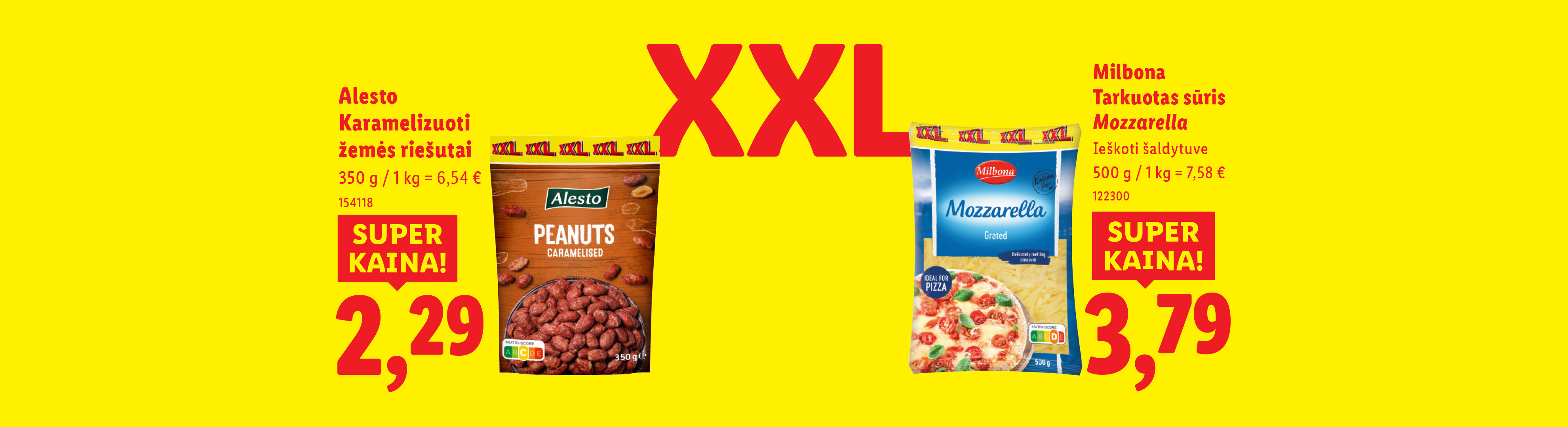 Alesto karamelizuoti žemės riešutai ir Milbona tarkuotas mocarelos sūris su kainomis.