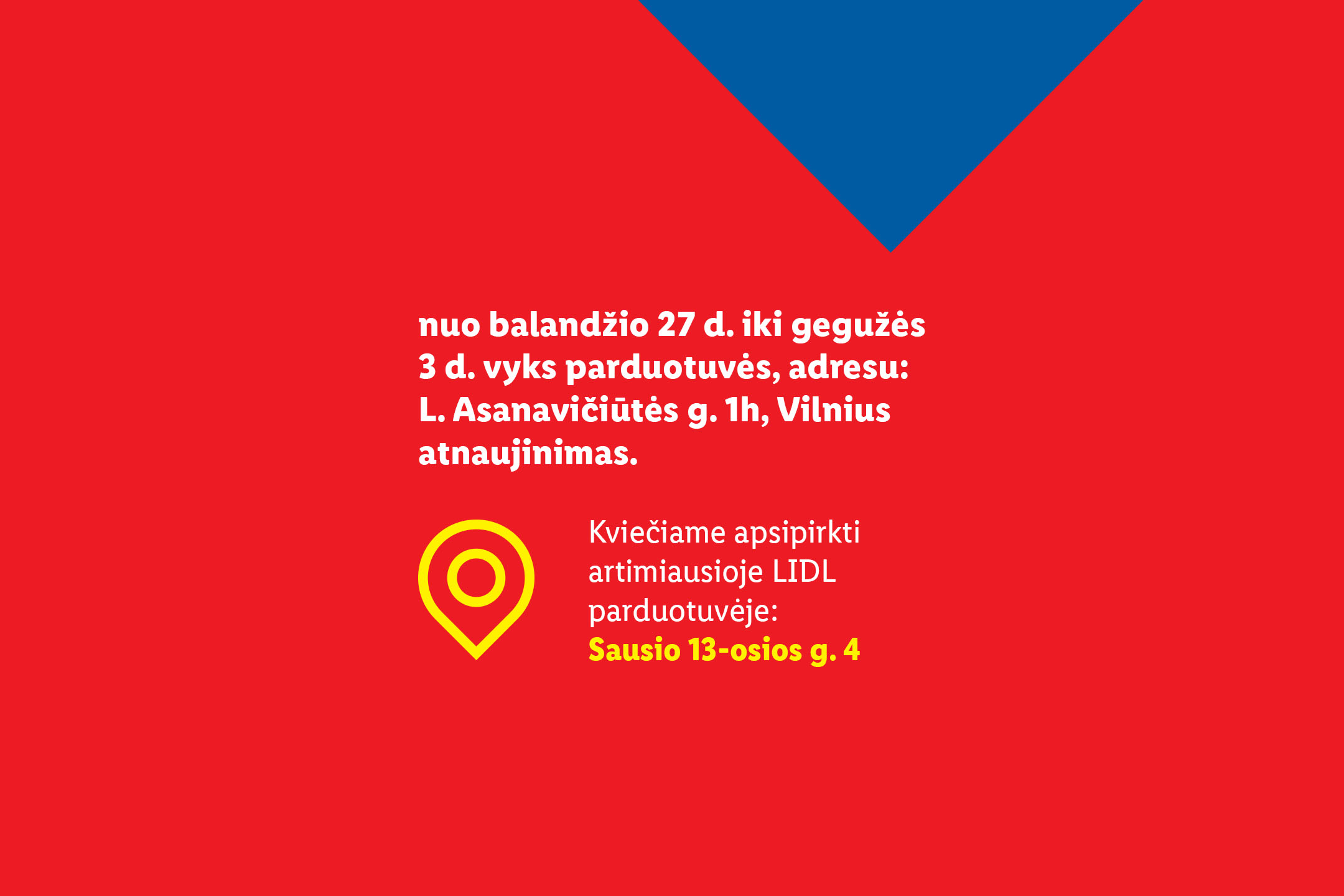 Parduotuvės atnaujinimo pranešimas su data, adresu ir alternatyvia parduotuve.